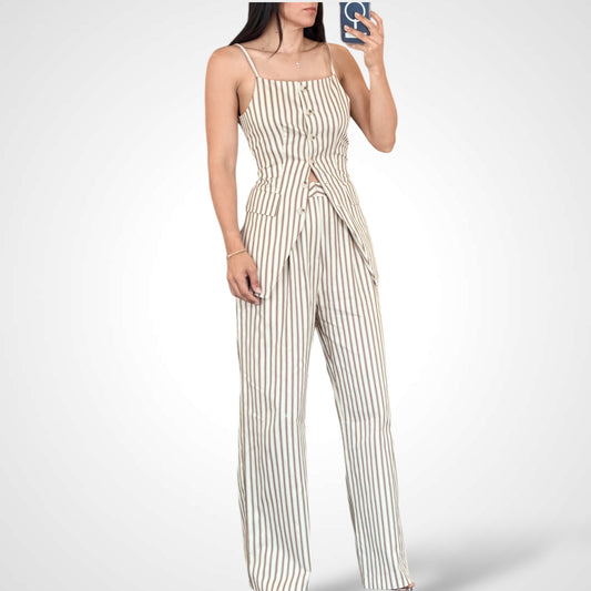 Blouse Button Closure Stripes Pants Colorblock Set