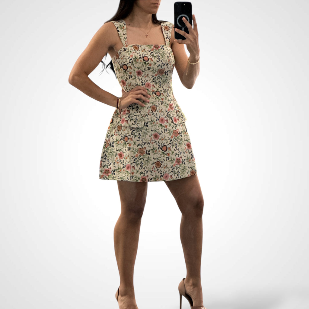 FLORAL JACQUARD STRAP SHOULDER MINI DRESS SKORT