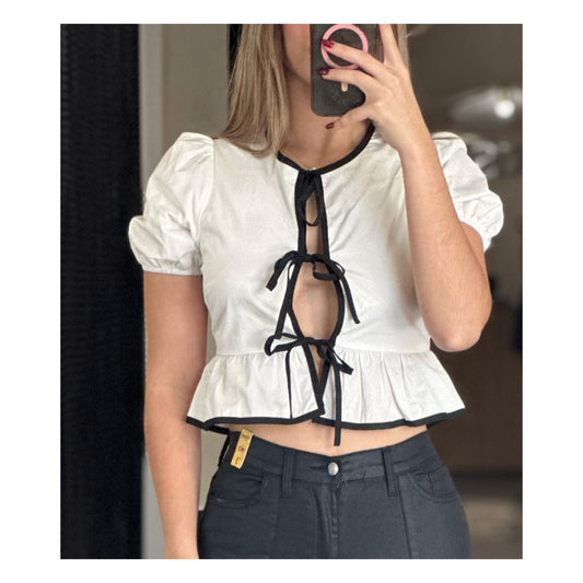 PUFF SHORT SLEEVE CONTRAST BOW DETAIL OPEN BLOUSE