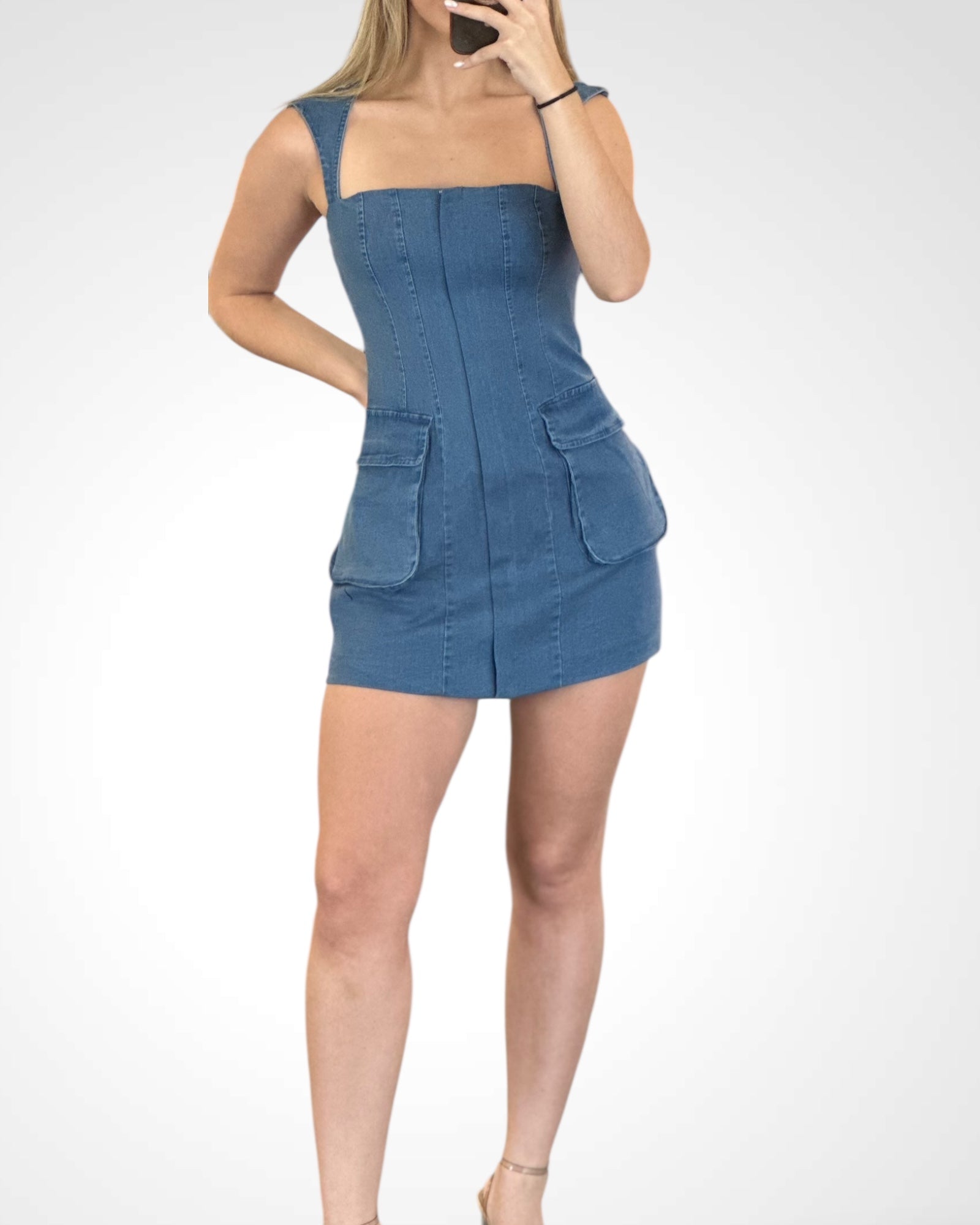 SJQ-Casual Denim Wide Strap Open Back Tie Mini Dress
