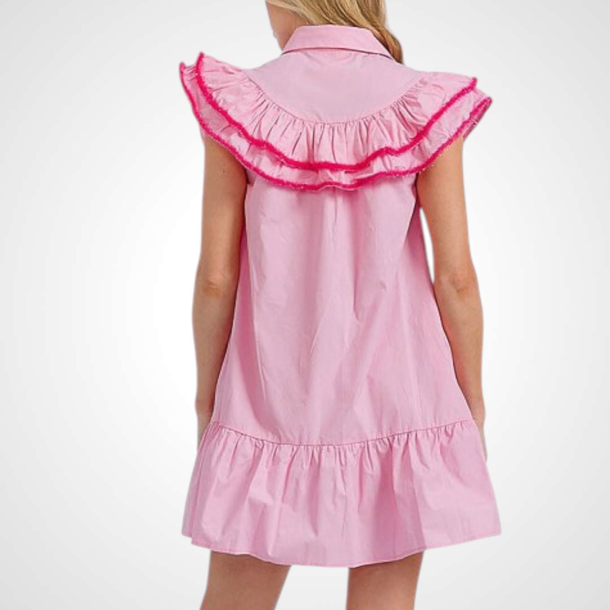 Ruffle Sleeve Button Up Trim Detailed Front Pockets Dress•-2
