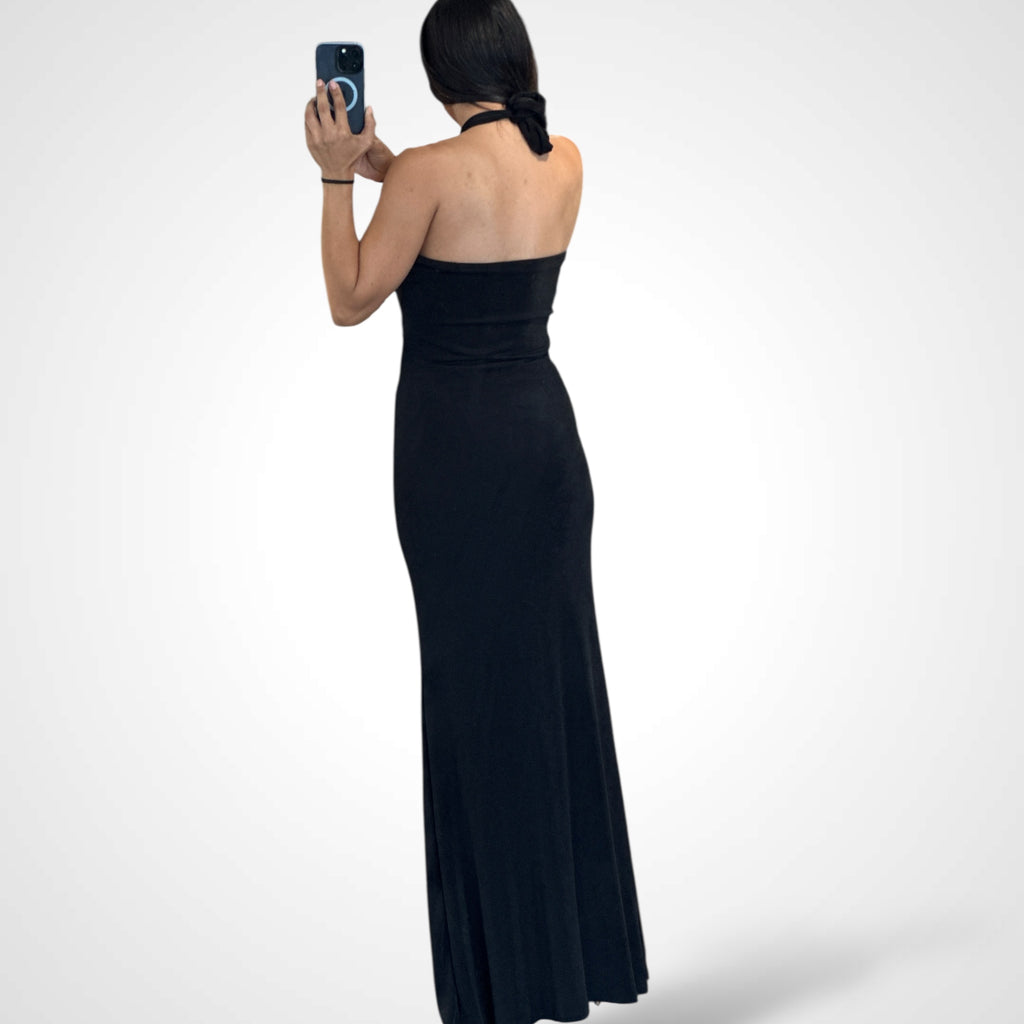 BLACK METAL TRIM HALTER MAXI DRESS