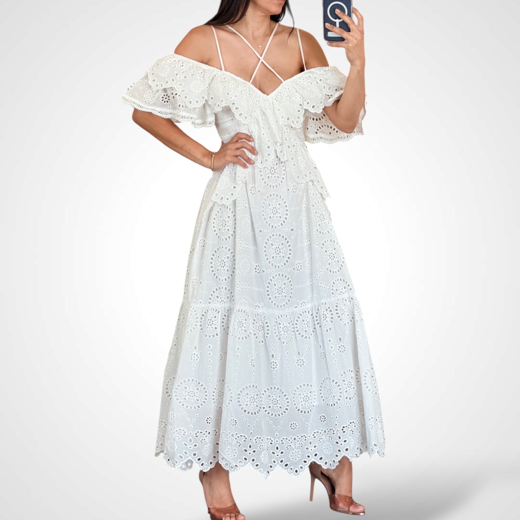 Strap Detail Eyelet Lace Ruffle Dress•