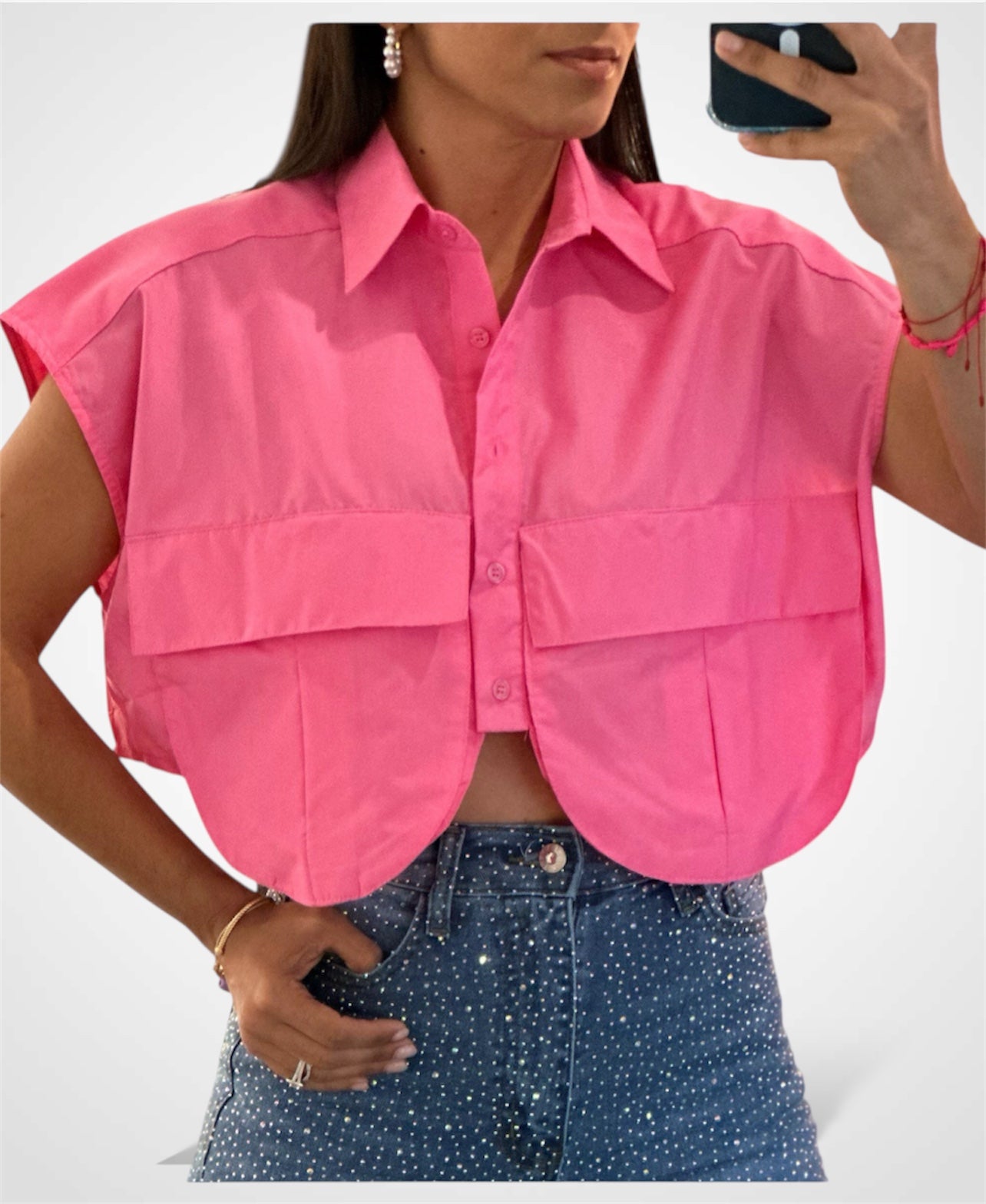 PINK CROP SOLID POCKET TOP•-1