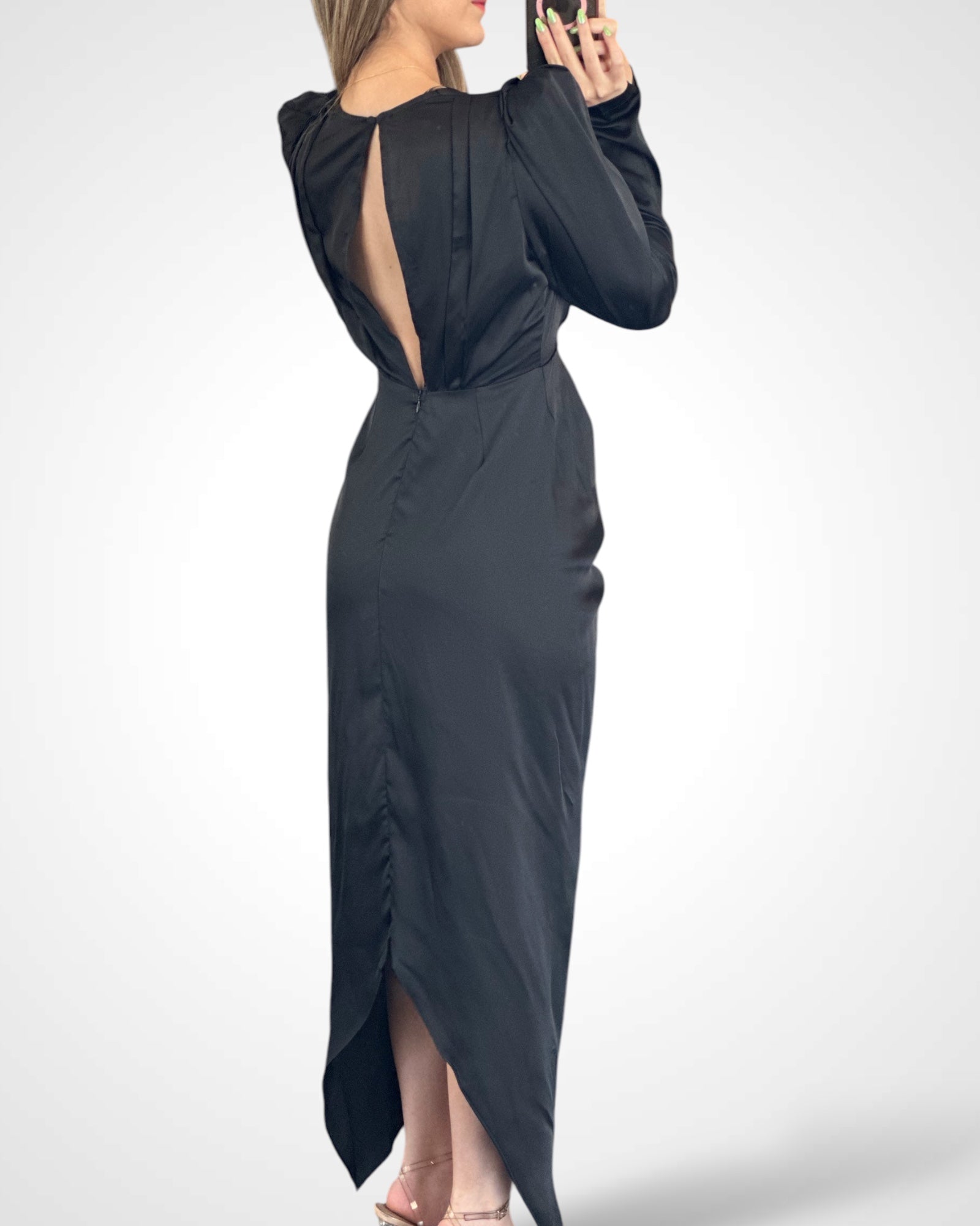 Long Sleeve Shirring Midi Dress-3
