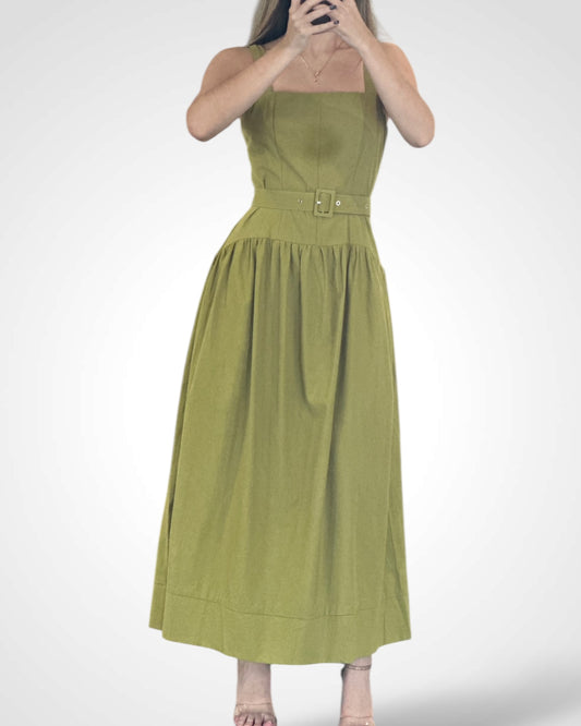 Olive Square Neck Poplin Midi Dress