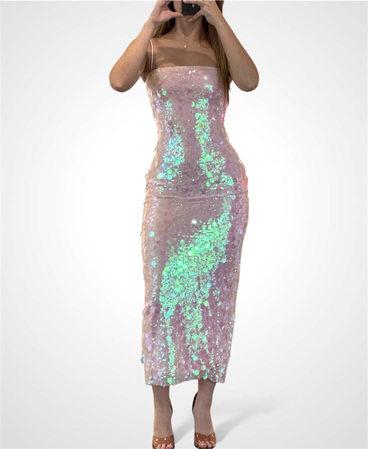 MIX SEQUINS SPAGHETTI STRAP BACK SLIT MIDI DRESS