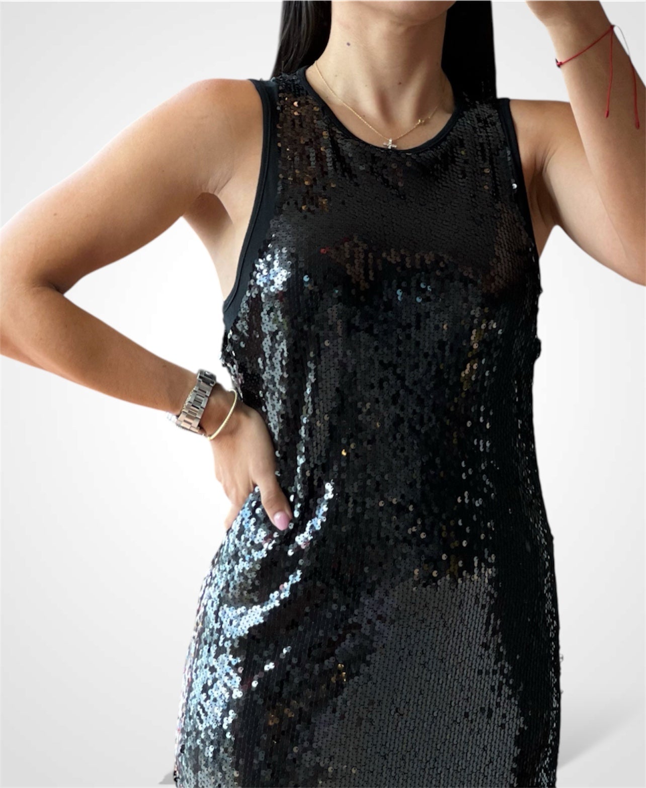 SEQUIN SLEVELESS LINED MIDI DRESS