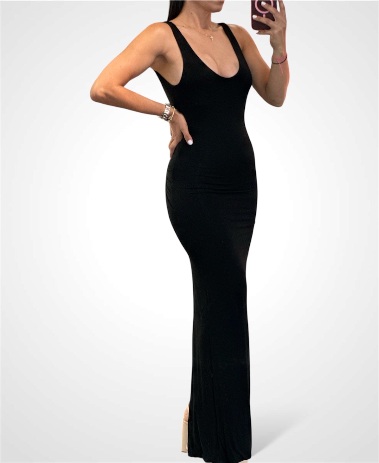 V-SHAPE TWISTED OPEN BACK SLIT MAXI DRESS-1