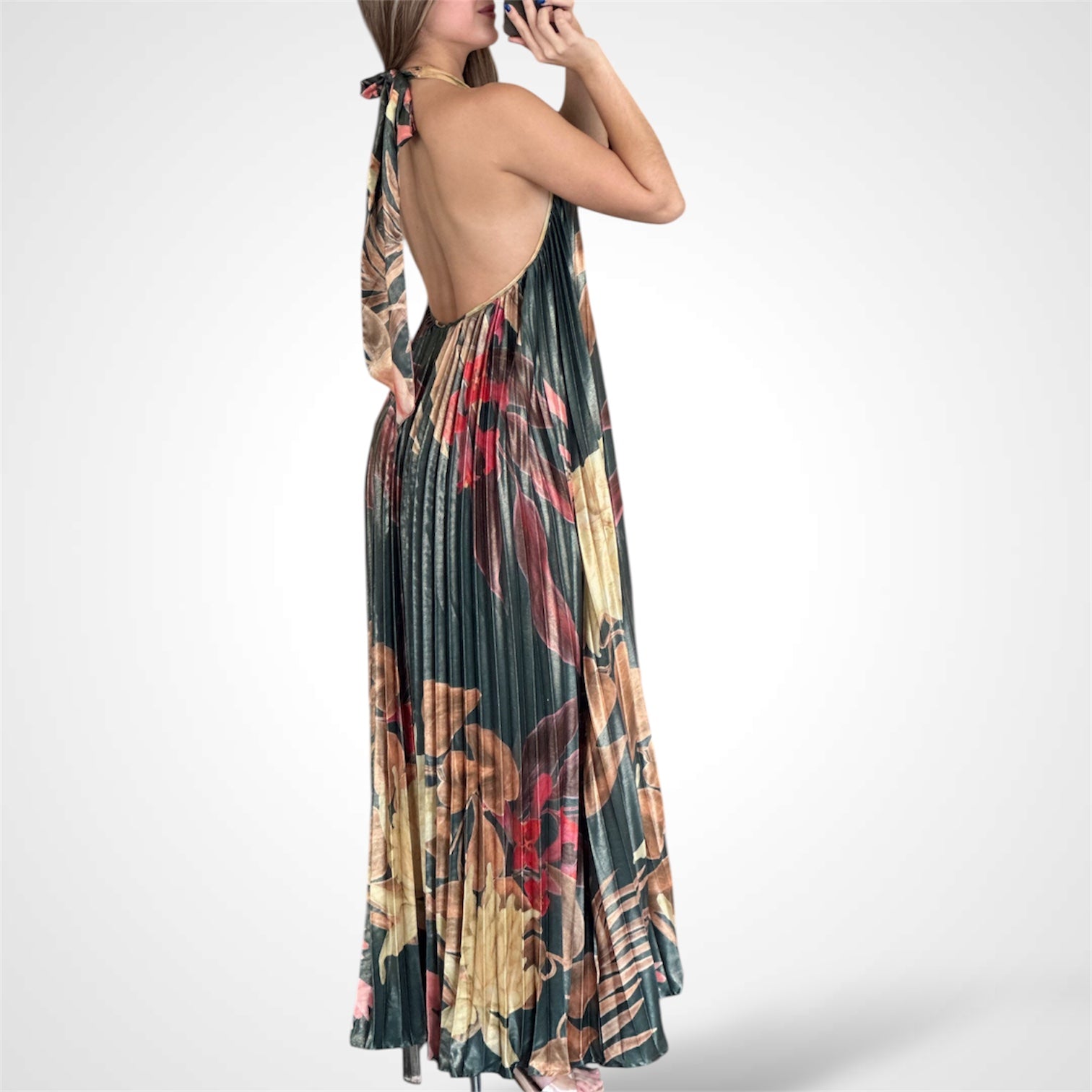 PLEATED FLORAL PRINT HALTER MAXI DRESS•-3