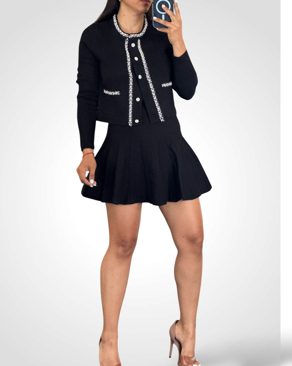 PEARL BEADED DETAIL CARDIGAN AND PLEATED MINI SKIRT SET