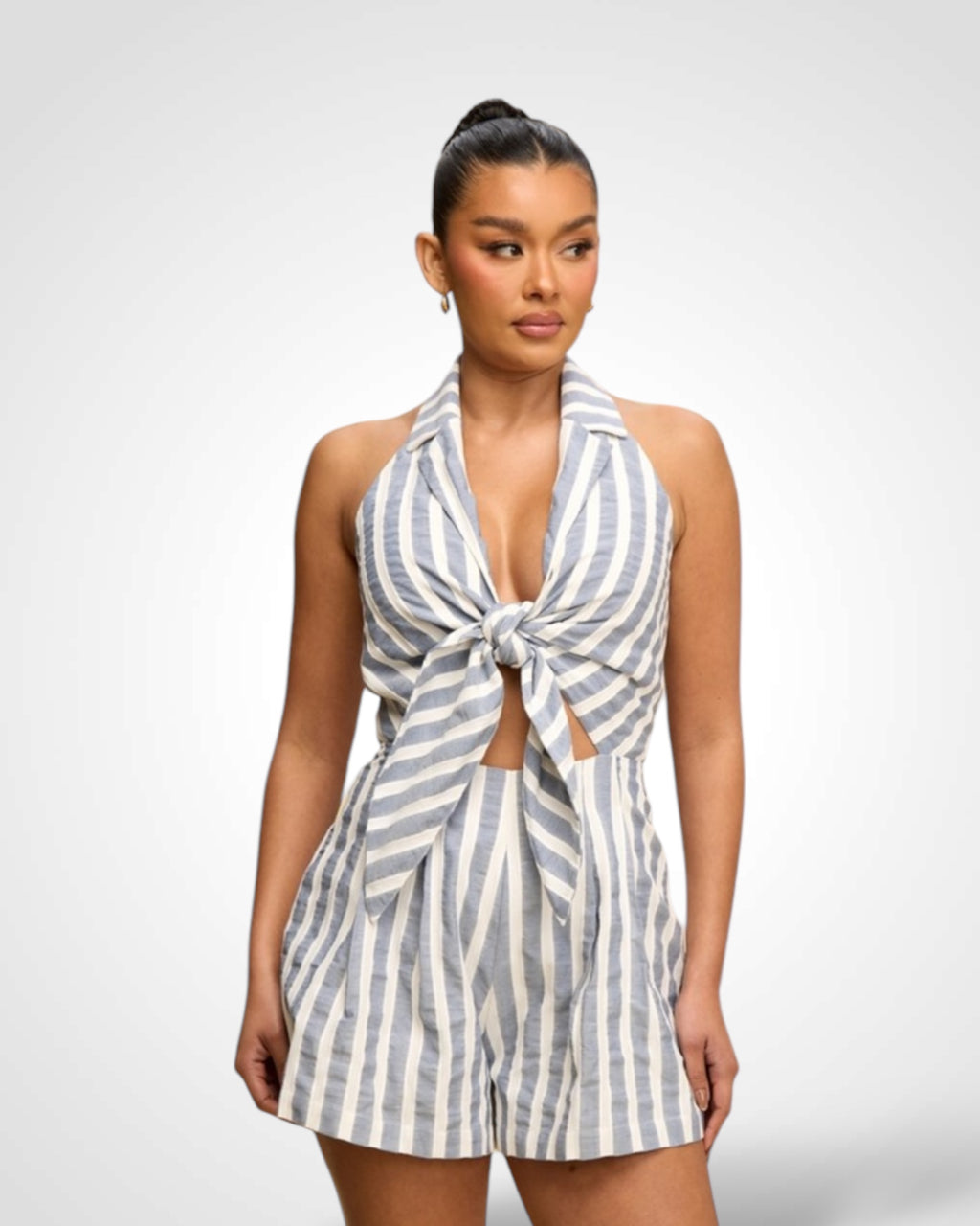 SJQ-Stripe Tie Front Romper