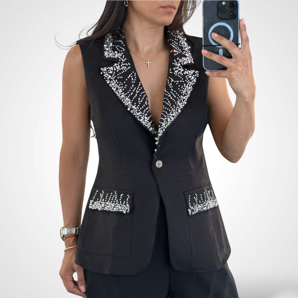 Solid Color Rhinestone Pants Set (BLACK)