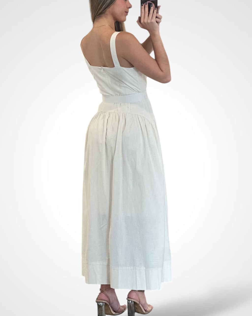 Light Beige Square Neck Poplin Midi Dress