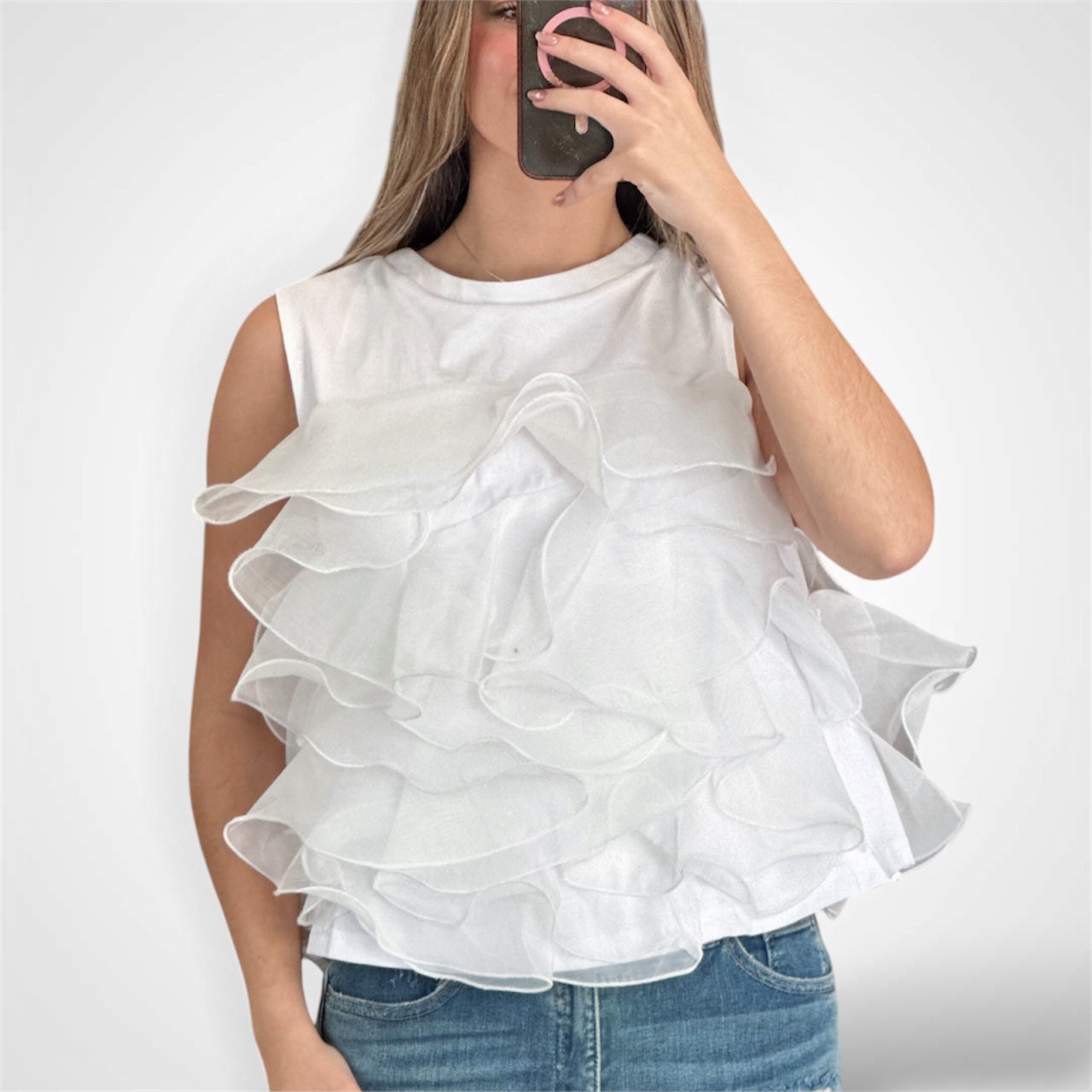 KNIT TOP WITH ORGANZA RUFFLES