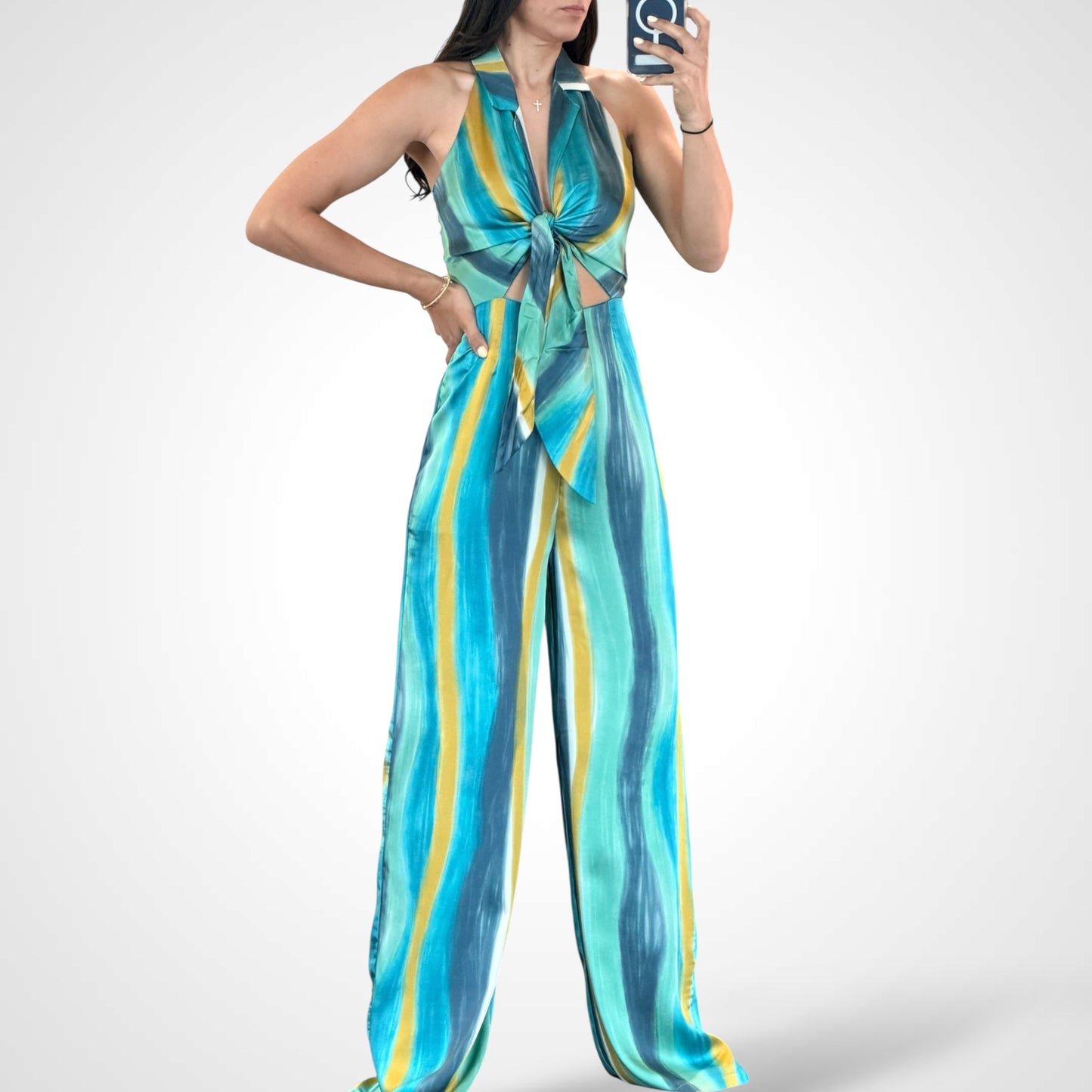 SJQ-TEXTURED STRIPE TIE FRONT JUMPSUIT