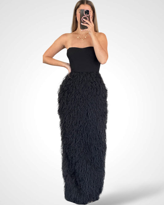 TUBE TOP FRILL FAUX FUR MAXI DRESS