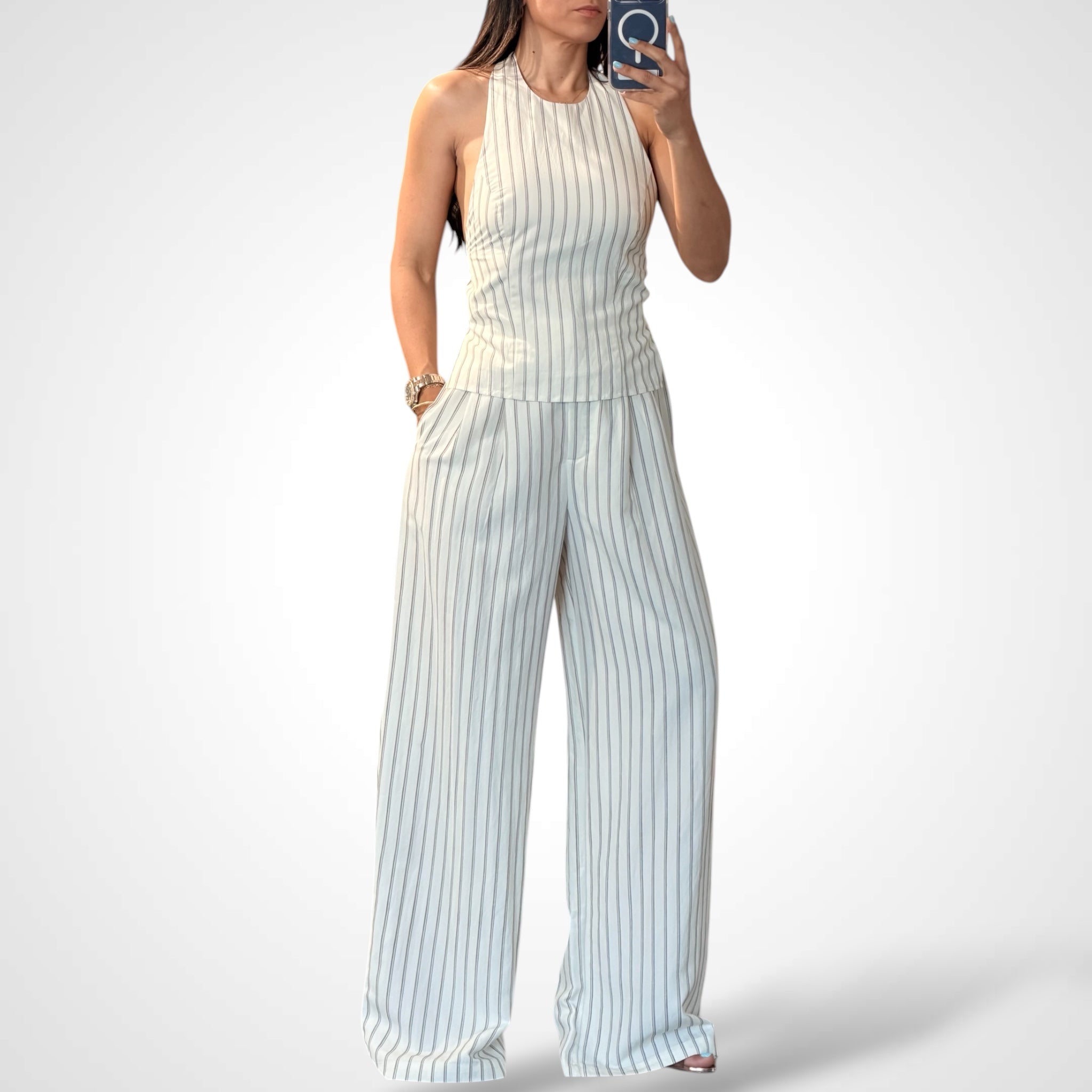 Pin Stripe Halter Neck Top and Trouser Set•-1