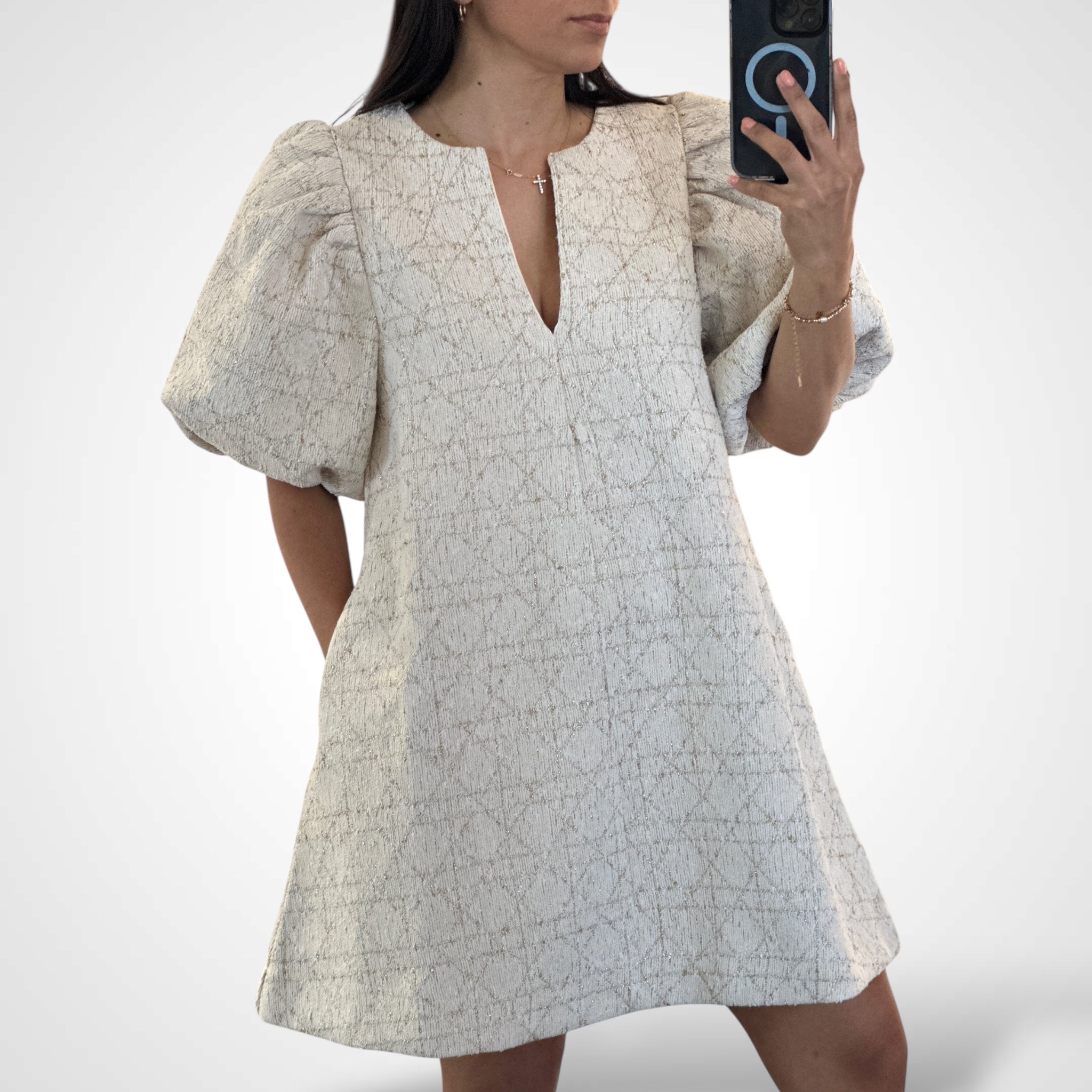 BOUCLE TEXTURED TWEED PUFF SLEEVE MINI DRESS•