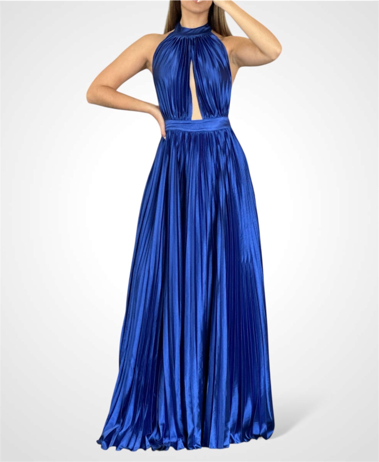 ROYAL BLUE SATIN PLEATED HALTER DRESS•