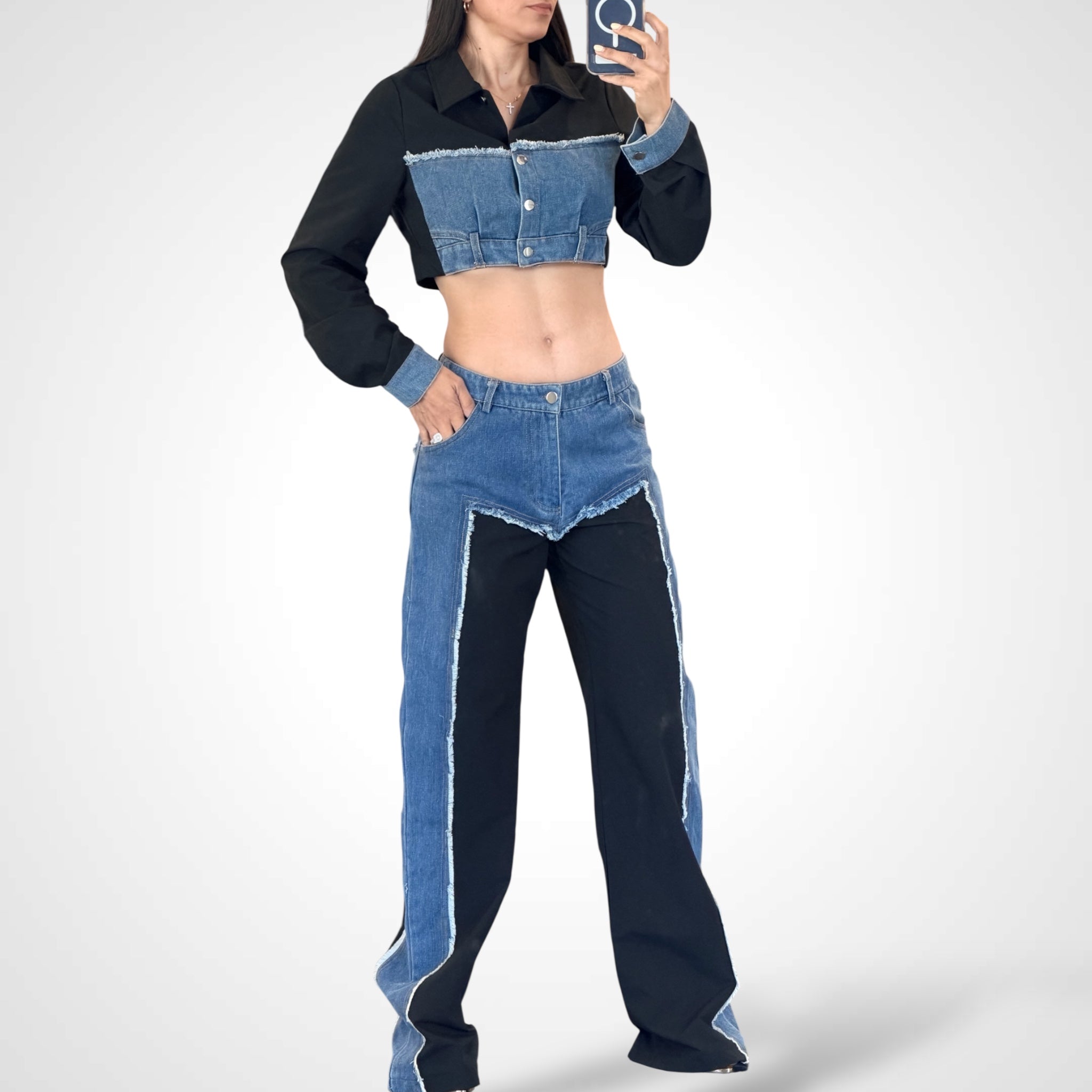 Shelly Denim Contrast Crop Shirt & Pants Set•-1