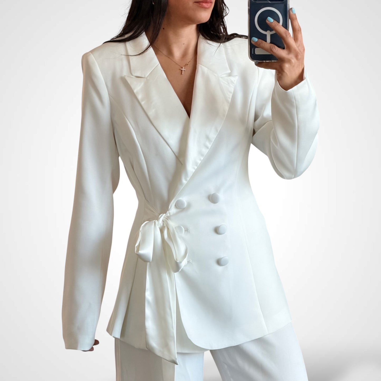 Off White Blazer Set With Satin Tied Waist