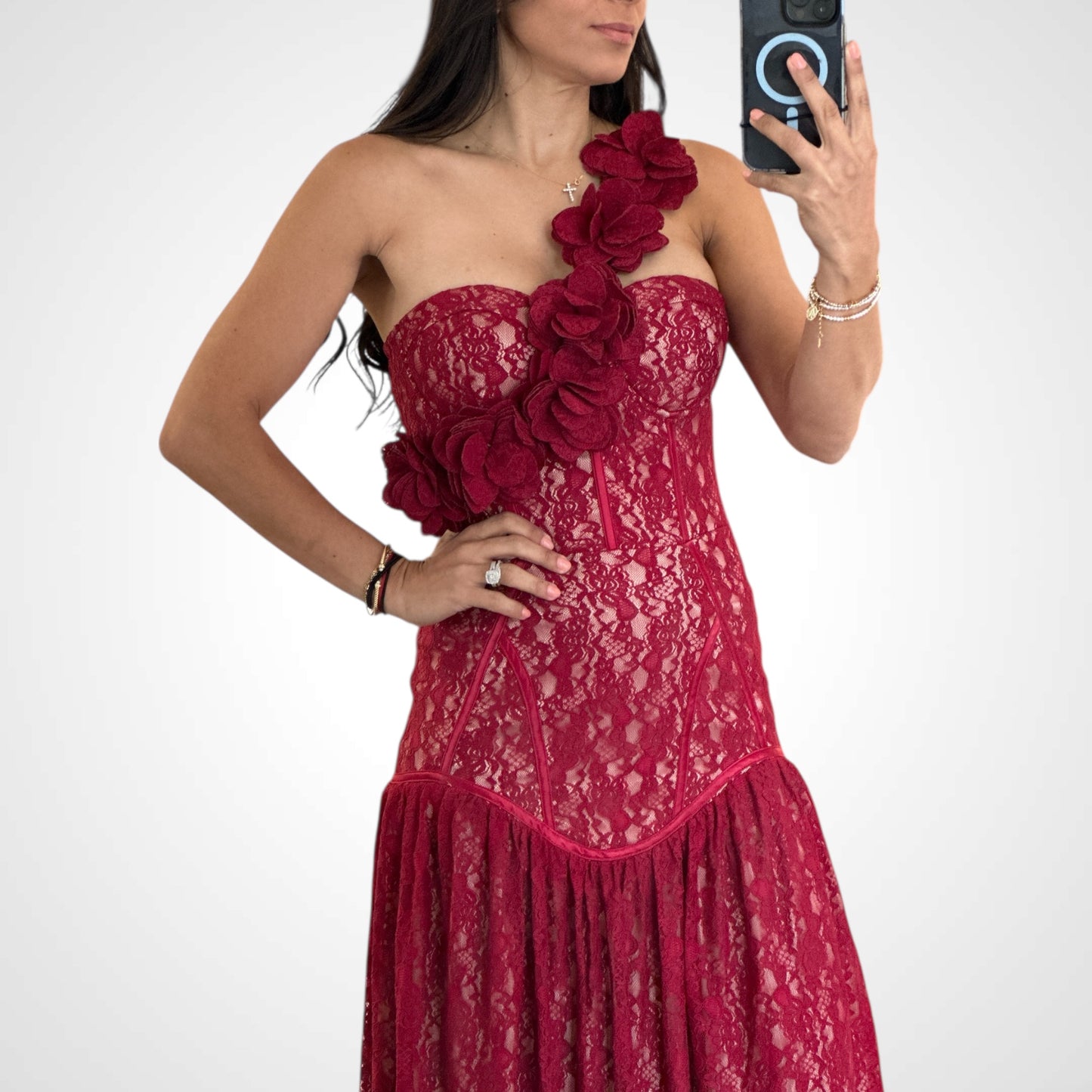 FLOWER DETAIL BURGUNDY MAXI DRESS