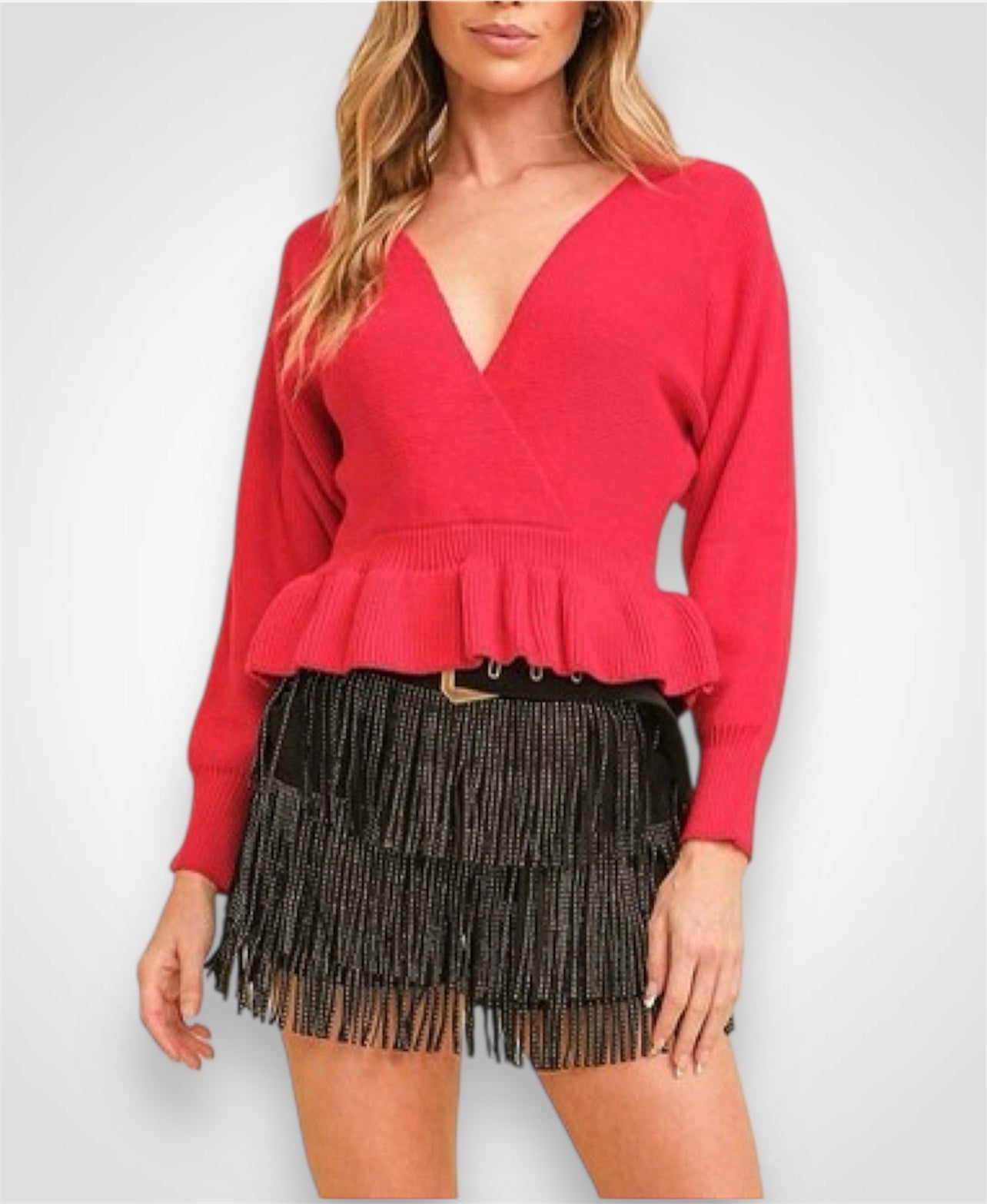 LONG SLEEVE SURPLICE PEPLUM BLOUSE TOP•-1