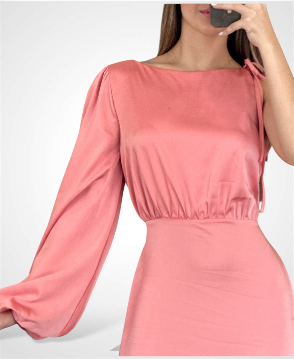 ONE SLEEVE TIE NECK FLARED SATIN MAXI DRESS