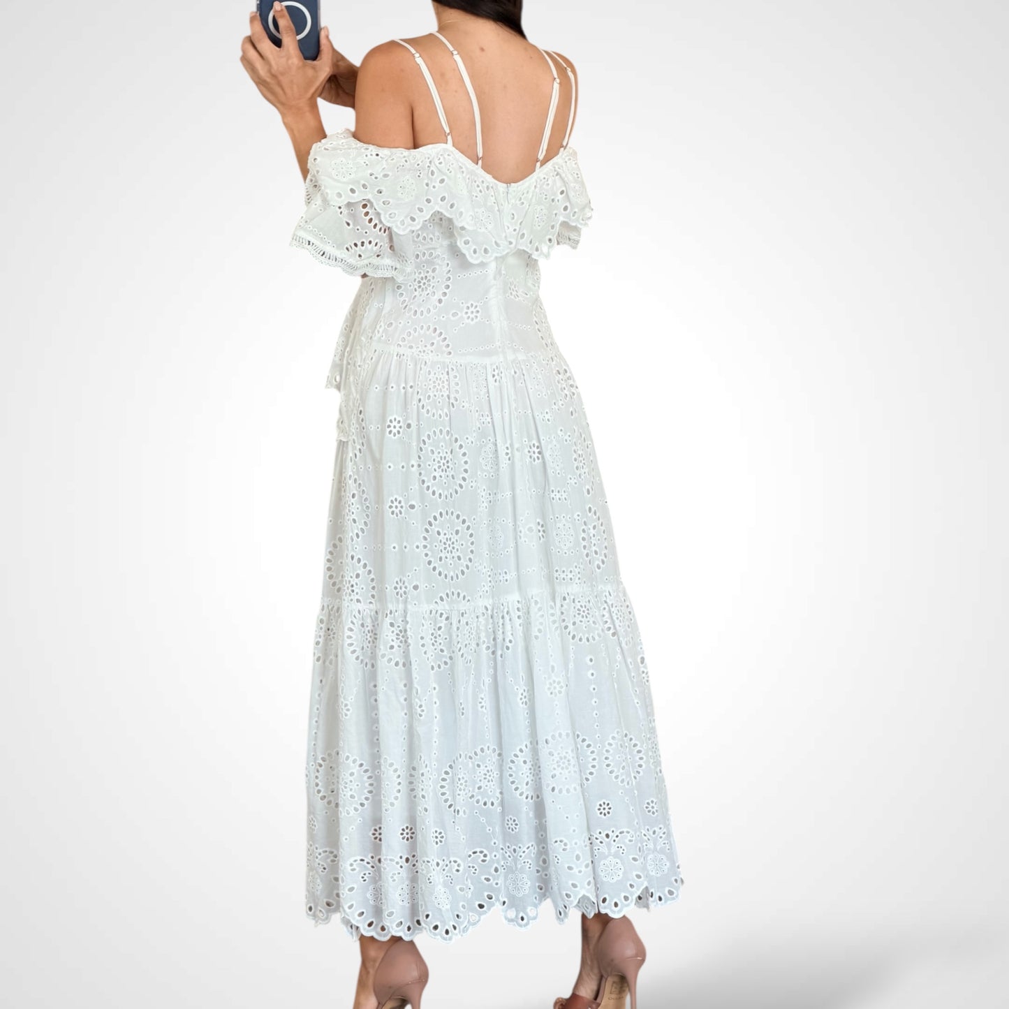 Strap Detail Eyelet Lace Ruffle Dress