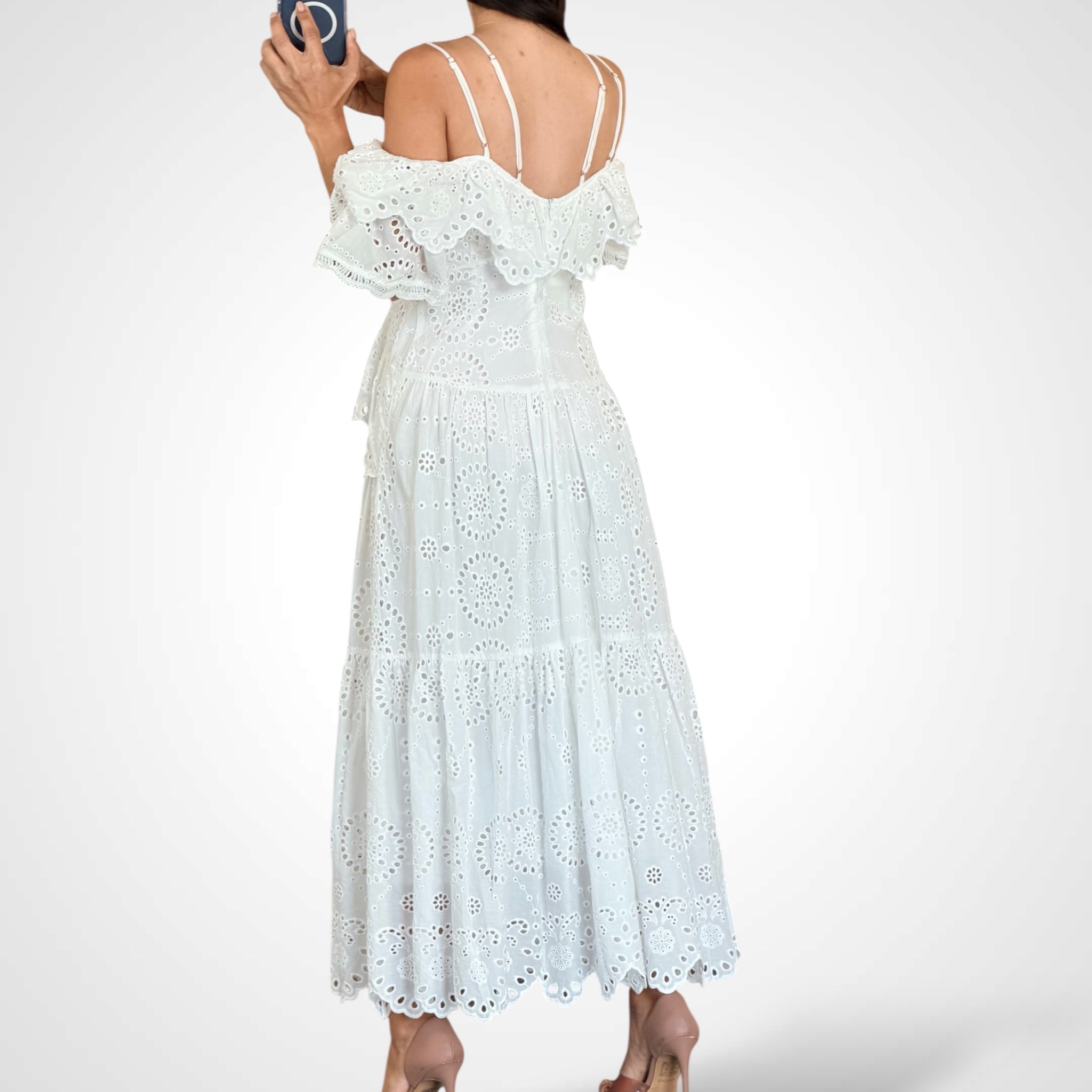 Strap Detail Eyelet Lace Ruffle Dress•-3