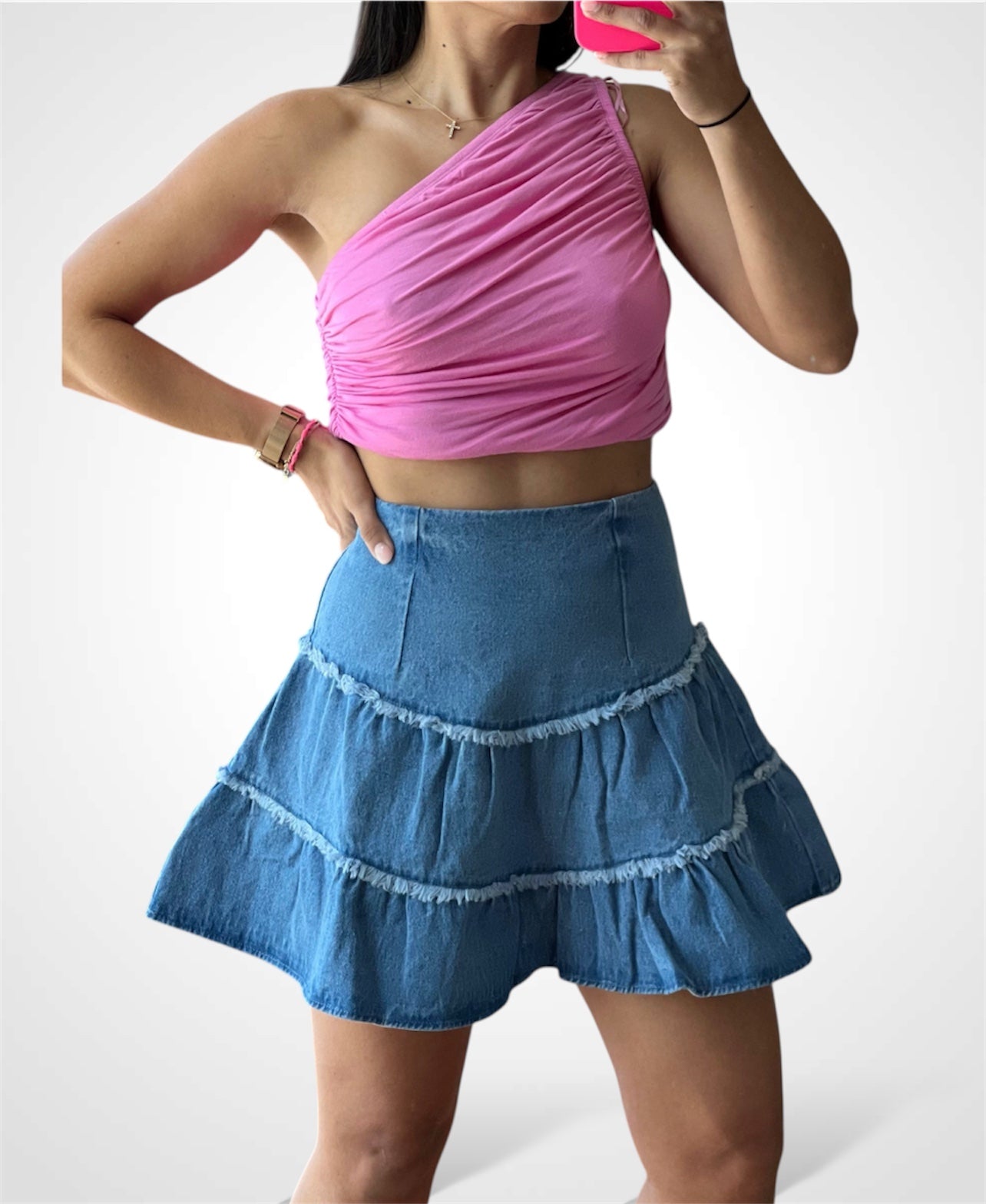 One shoulder Pink Crop•-2