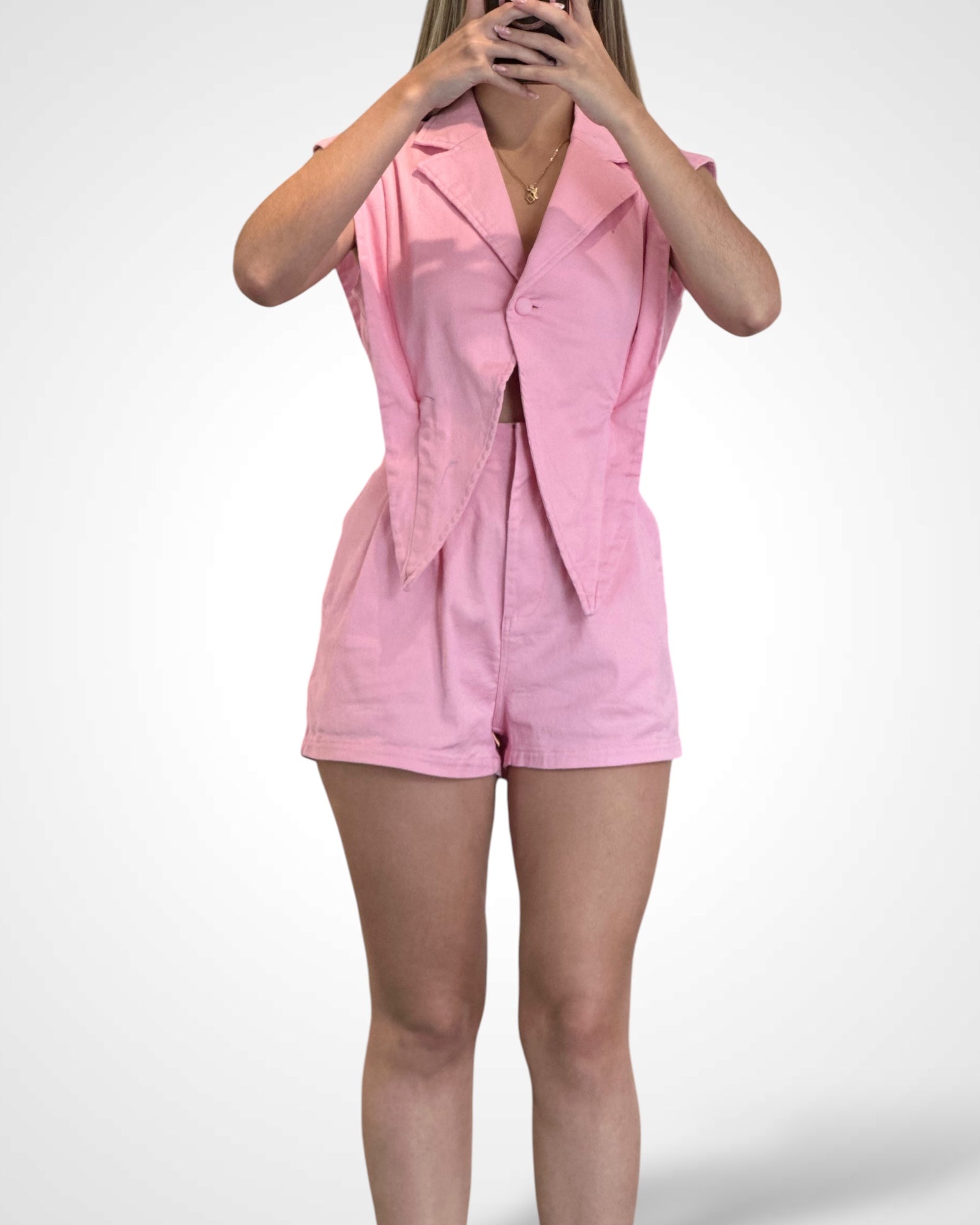 Pink Blazer style top with connected shorts•-2