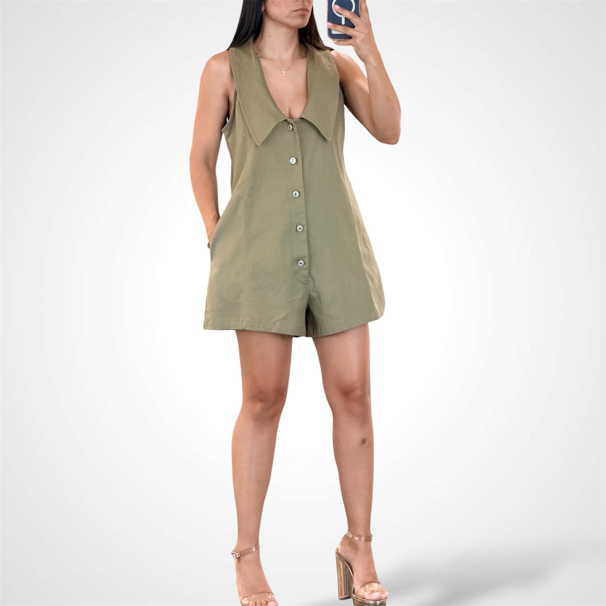 Olive Oversized Cotton Twill V Neck Collar Romper-1
