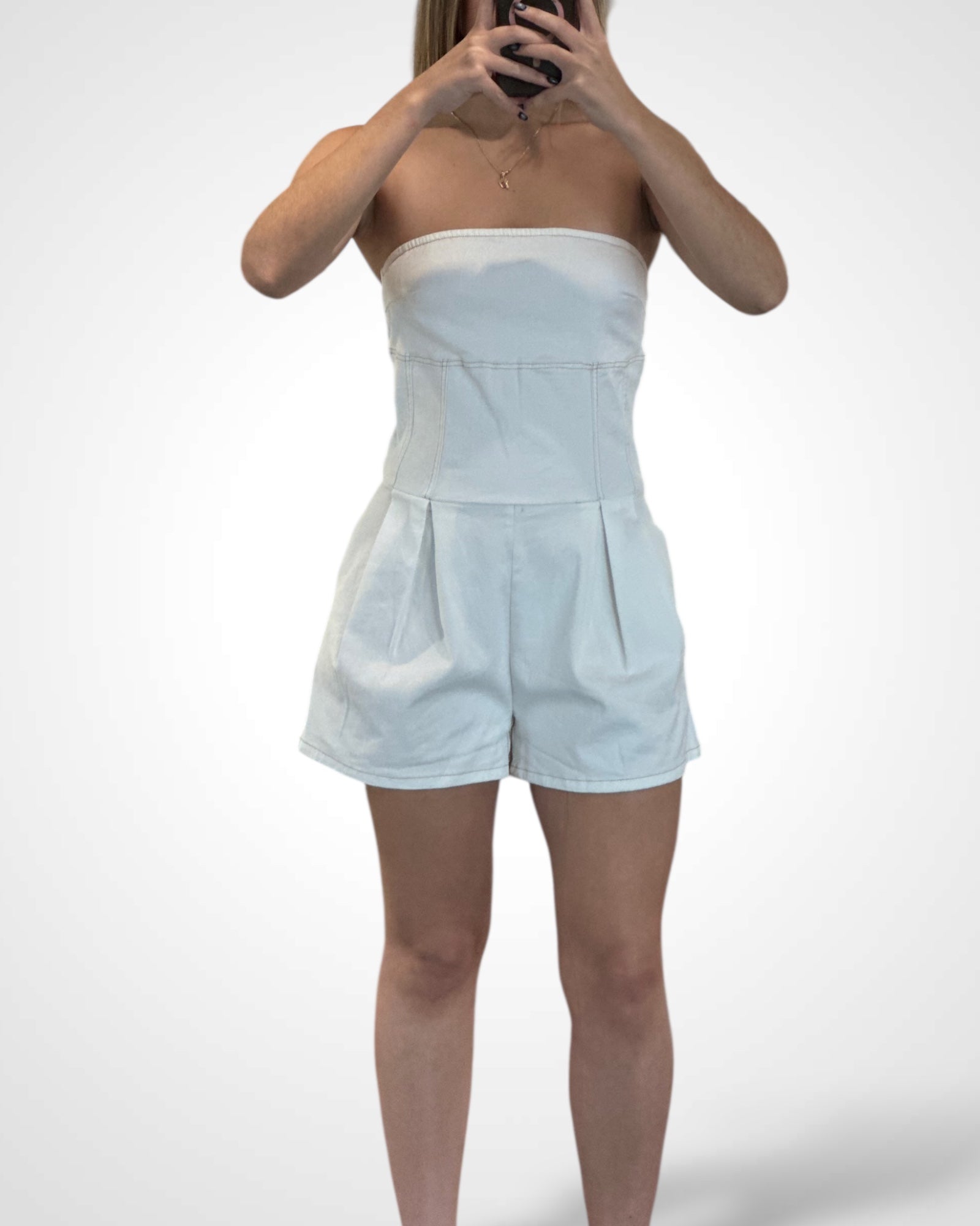 (WHITE) DENIM TUBE PLEATED ROMPER