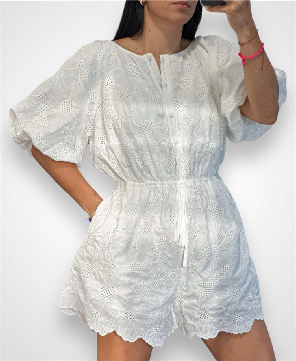 OFF WHITE EMBROIDERED PUFF SLEEVE ROMPER