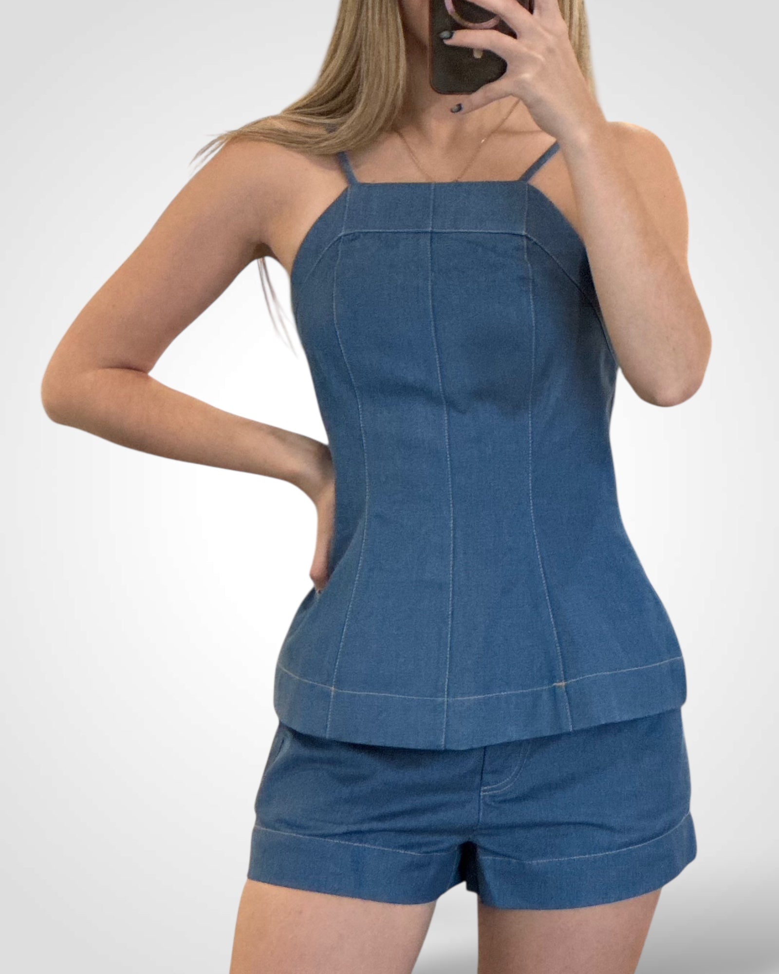 SJQ-Denim Apron Neckline Tunic Top And Shorts Set