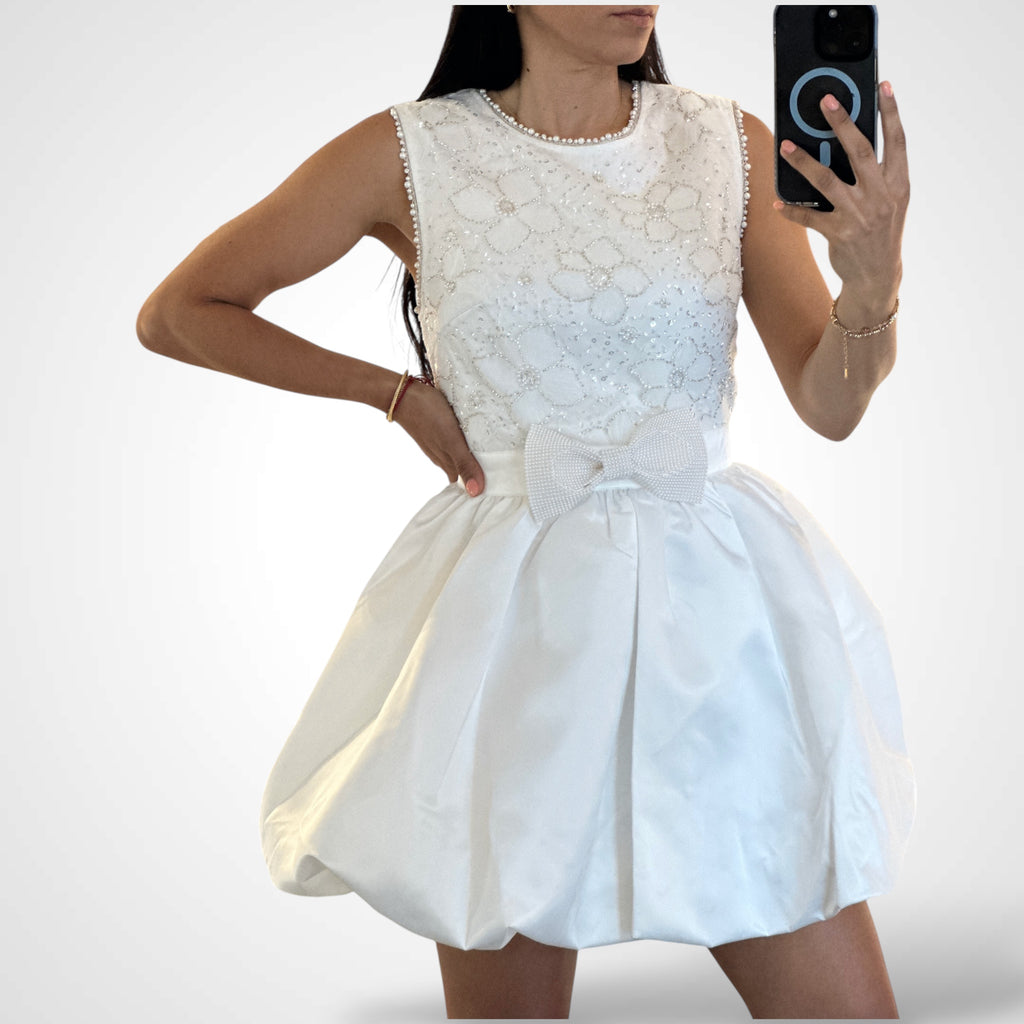 BOW FRONT BEADED LACE BUBBLE HEM MINI DRESS