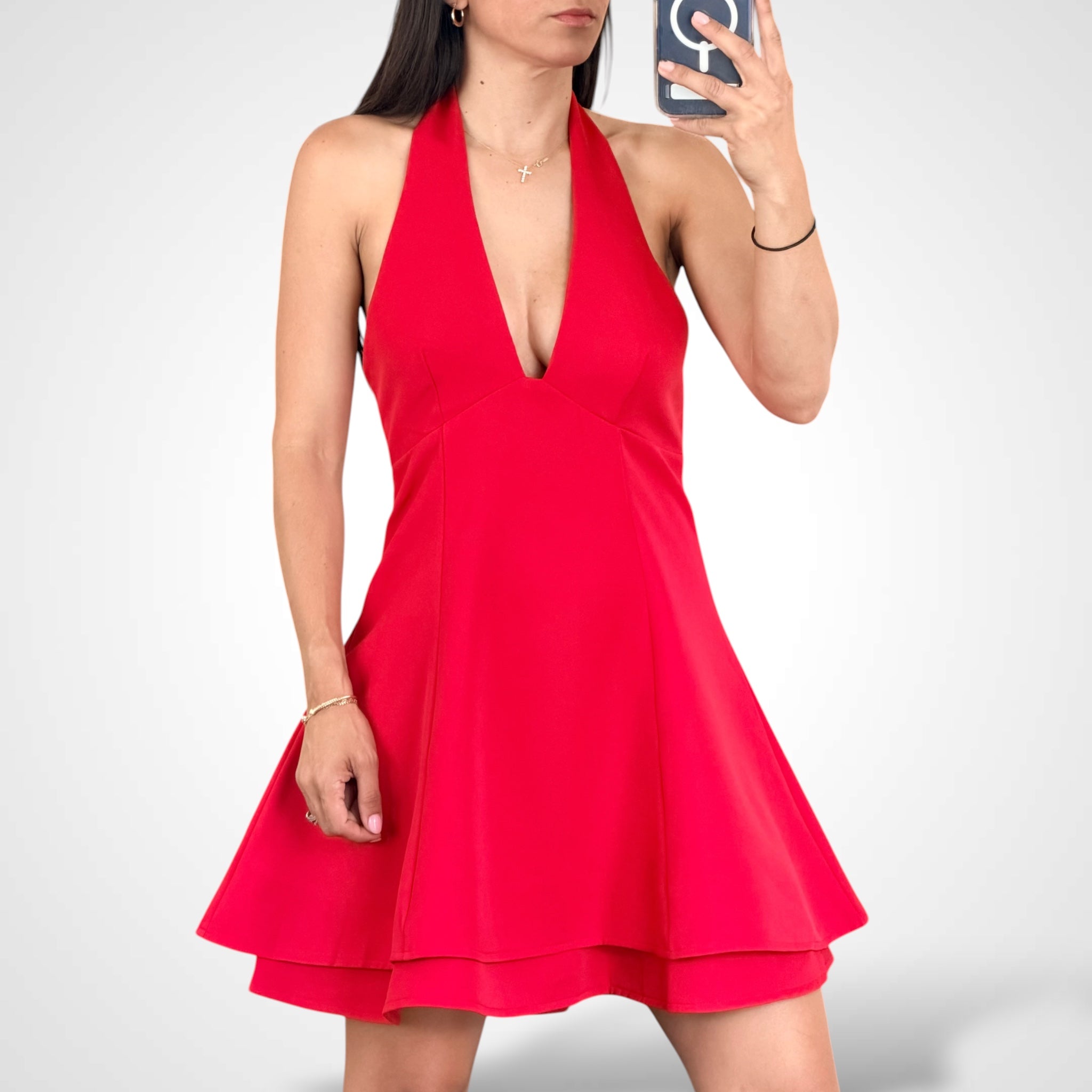Halter Neckline Fit and Flare Mini Dress•-2