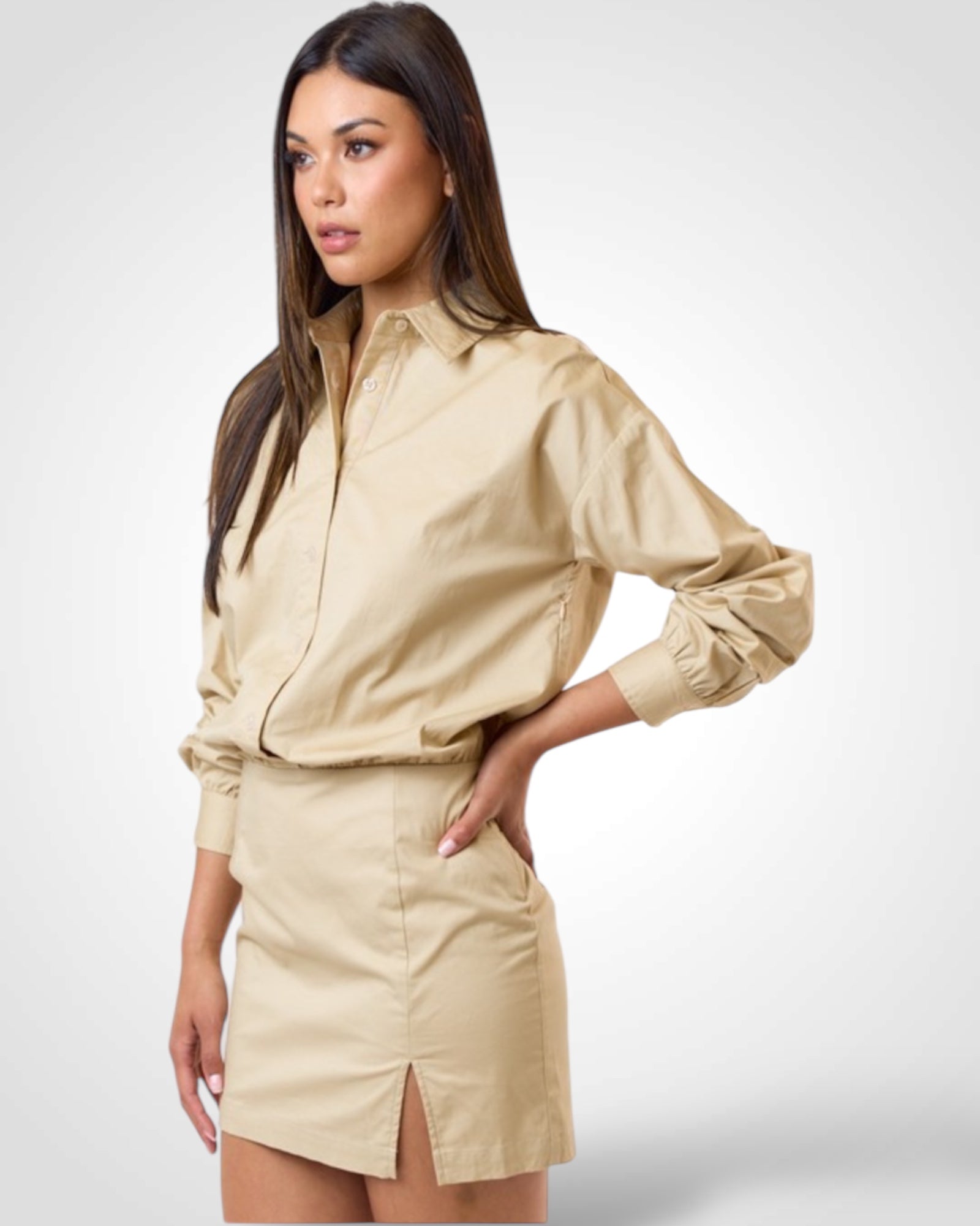 BUTTON UP BOTTOM SLIT SHIRT MINI DRESS•-4
