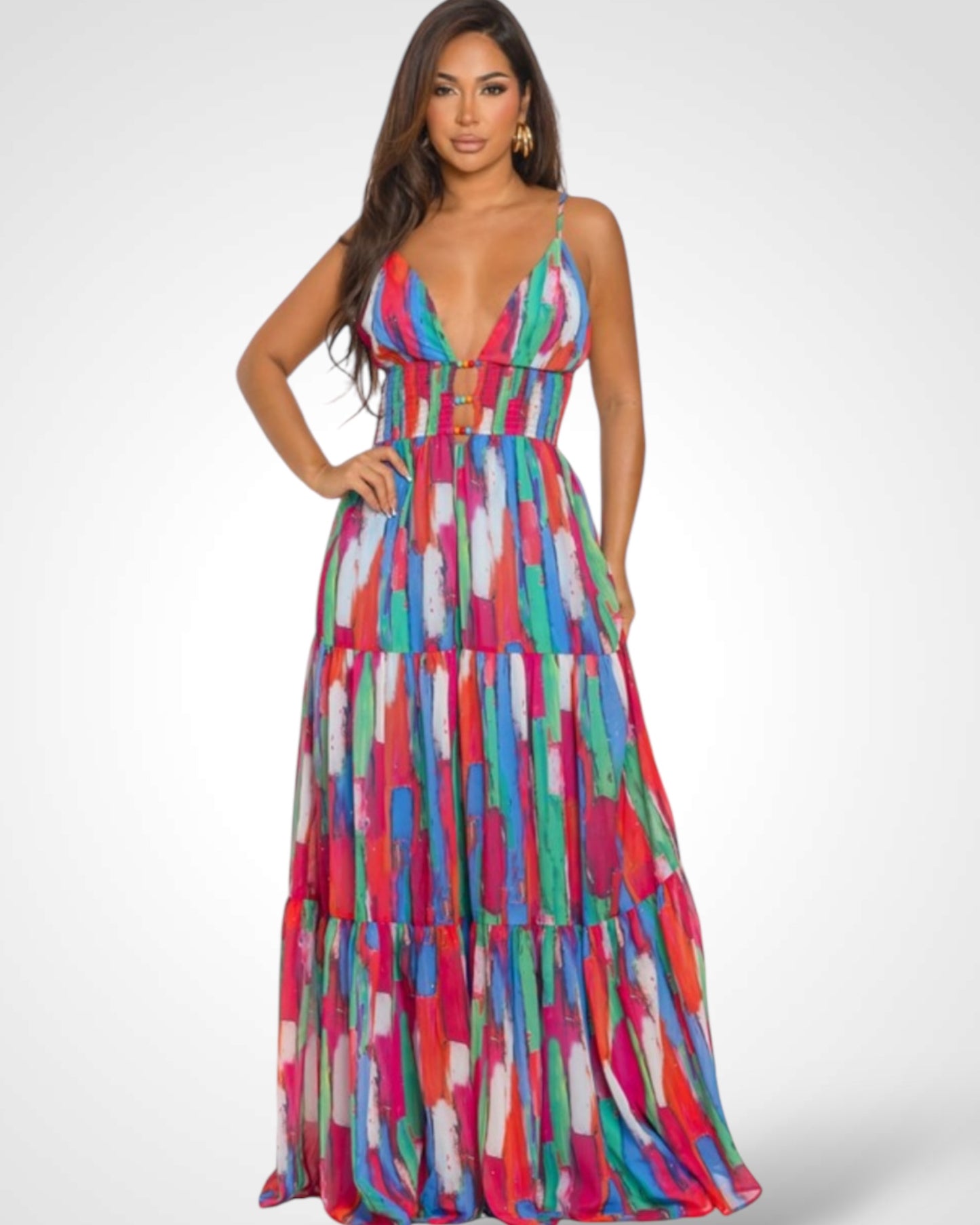 SJQ-CORSET STYLE MULTI-COLOR PRINTED MAXI DRESS