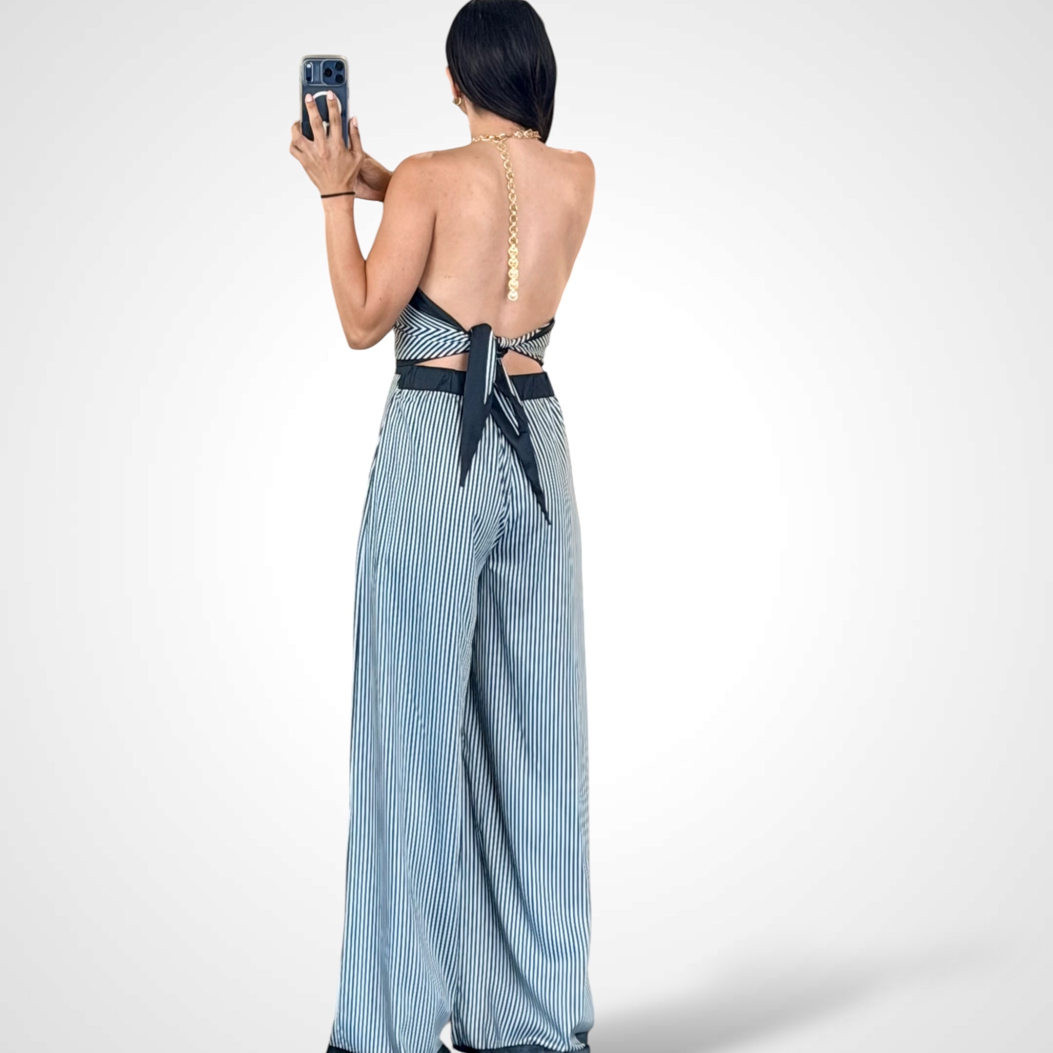 Black Modern Halter Stripped Jumpsuit•-3
