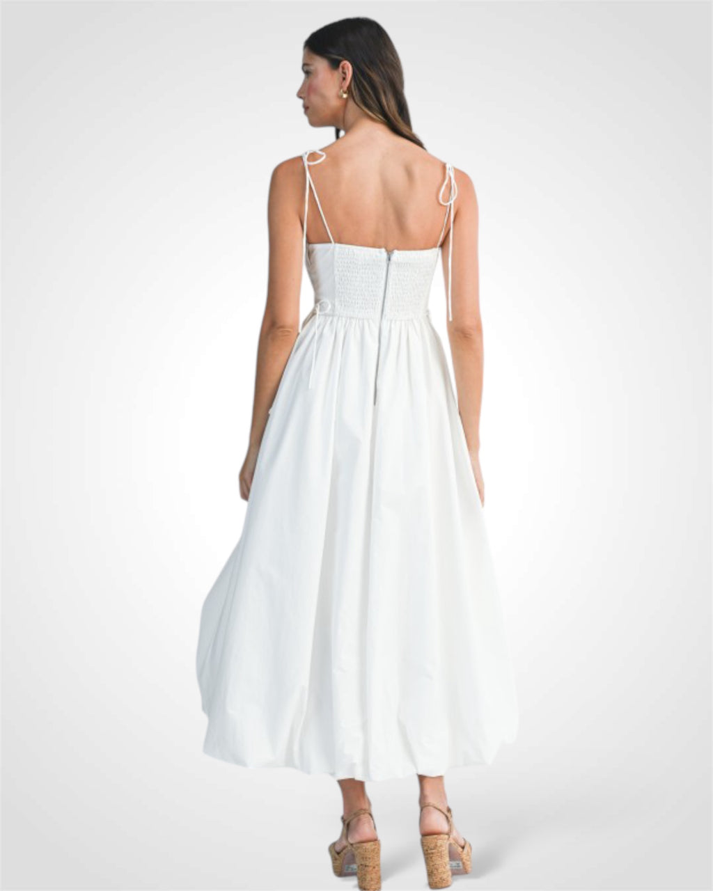 White Spagehtti Self Tie Strap Bubble Hem Midi Dress