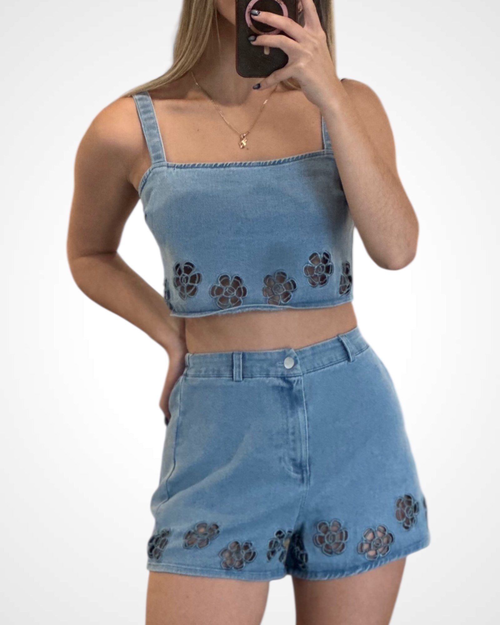 Embroidered Denim Crop Top W/ Matching Shorts