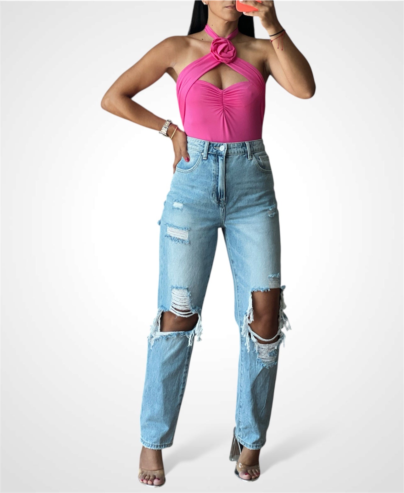 SATIN FLOWER DETAIL HALTER CUT OUT BODYSUIT (FUCHSIA)