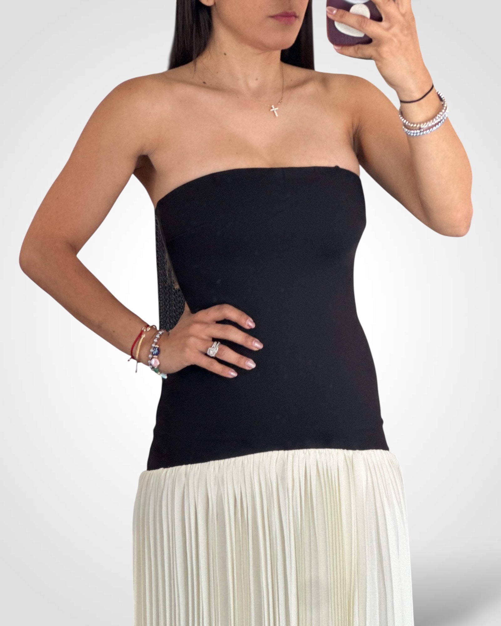 Strapless Dropped Pleated Maxi Dress