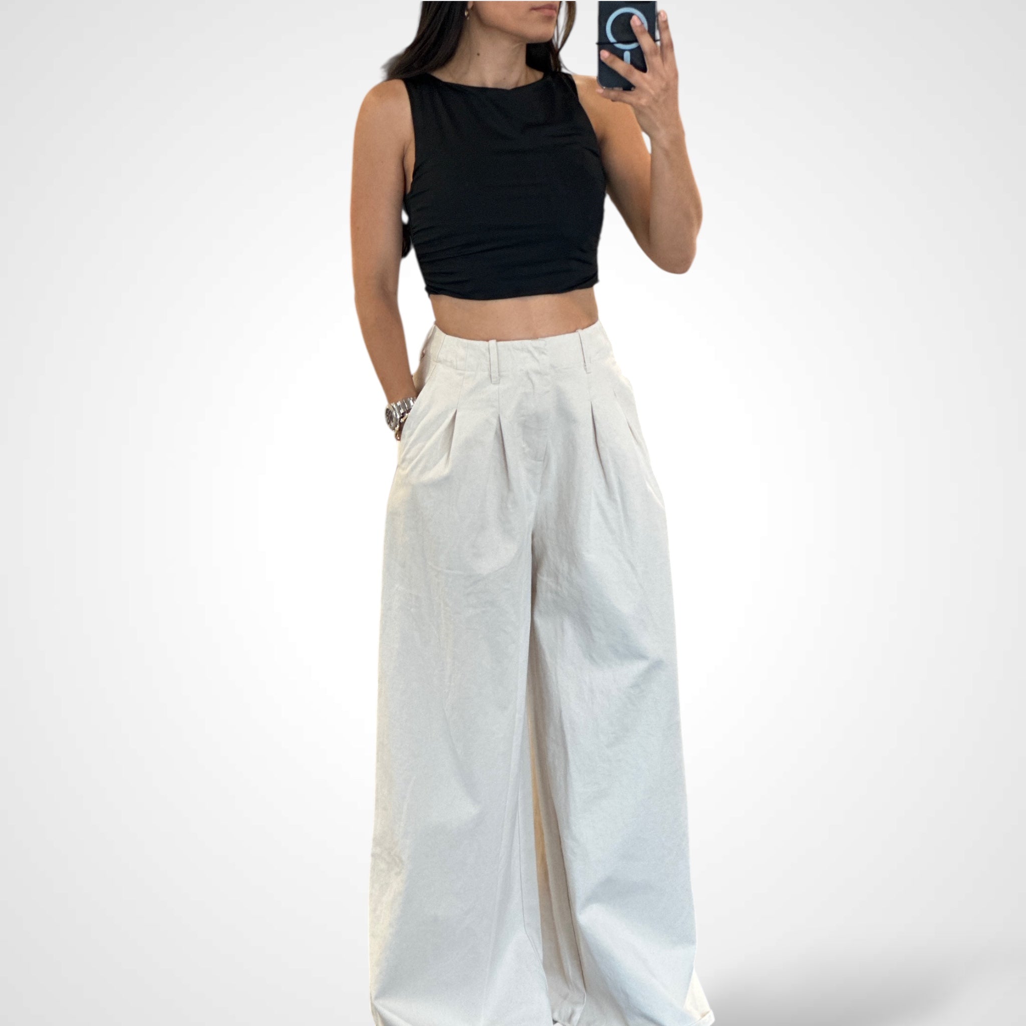 PLEATED WASHED TWILL WIDE LEG PANTS•-2