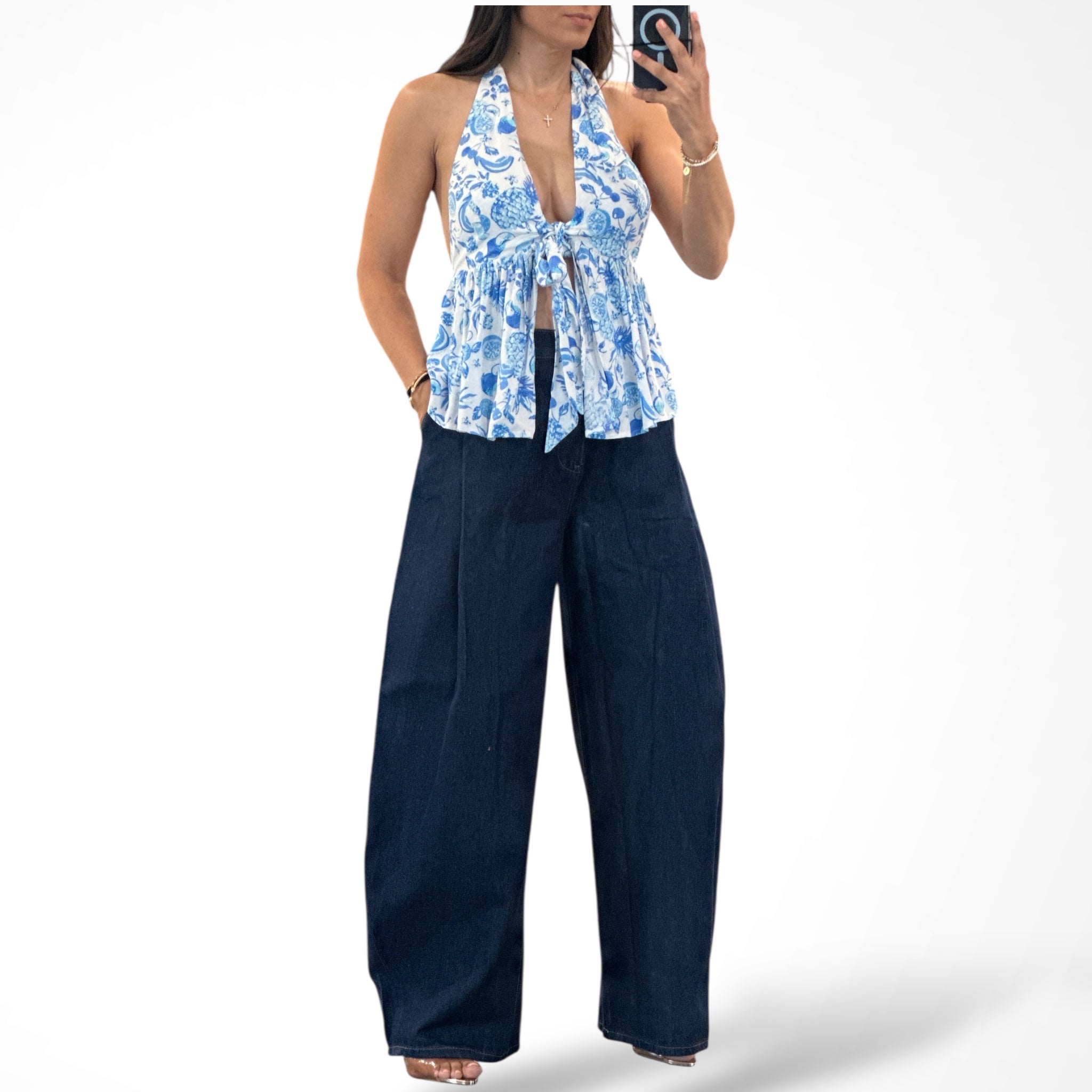 Tropical Halter Front Tie Open Back Ruffle Top