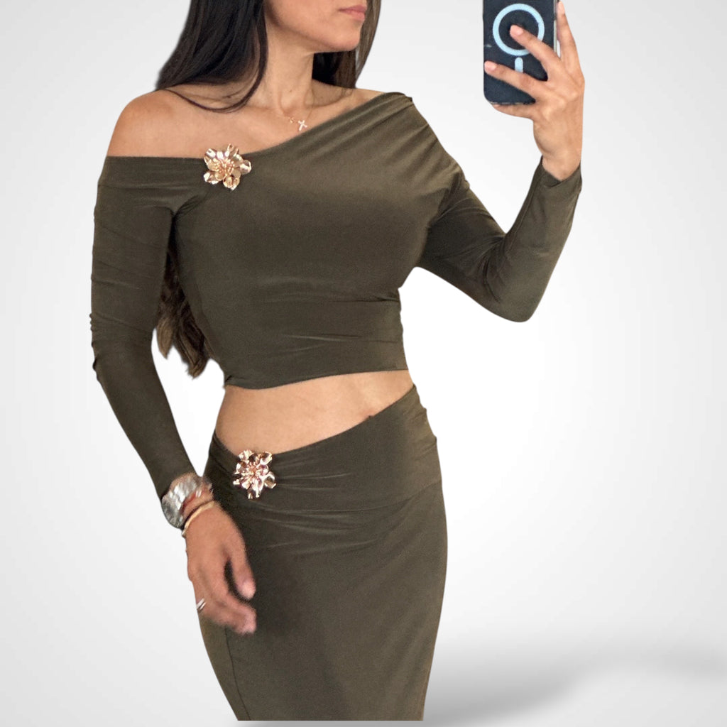 One Shoulder Flower Detail Top And Maxi Skirt Set