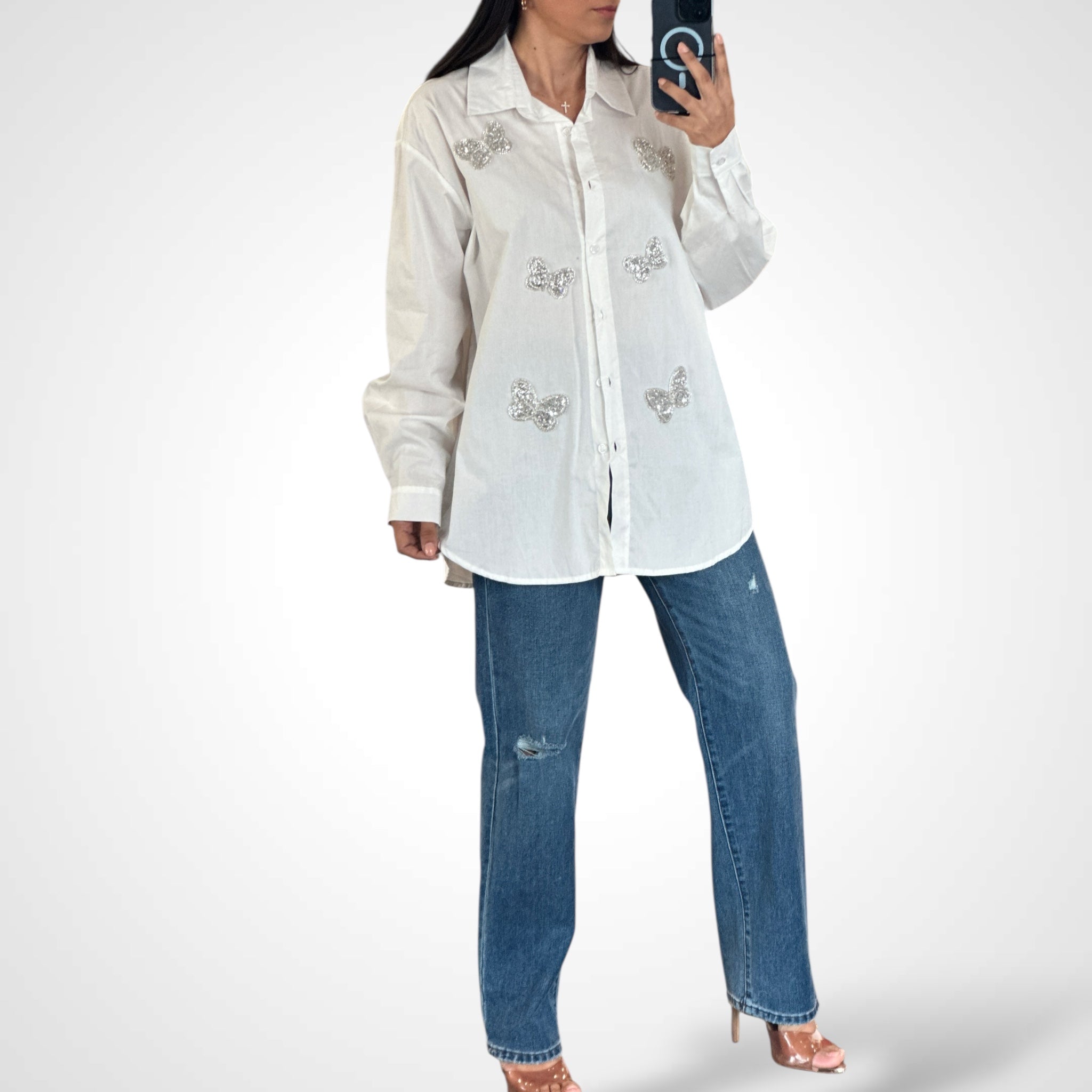 BUTTERFLY GLITTER DETAILS WHITE TOP